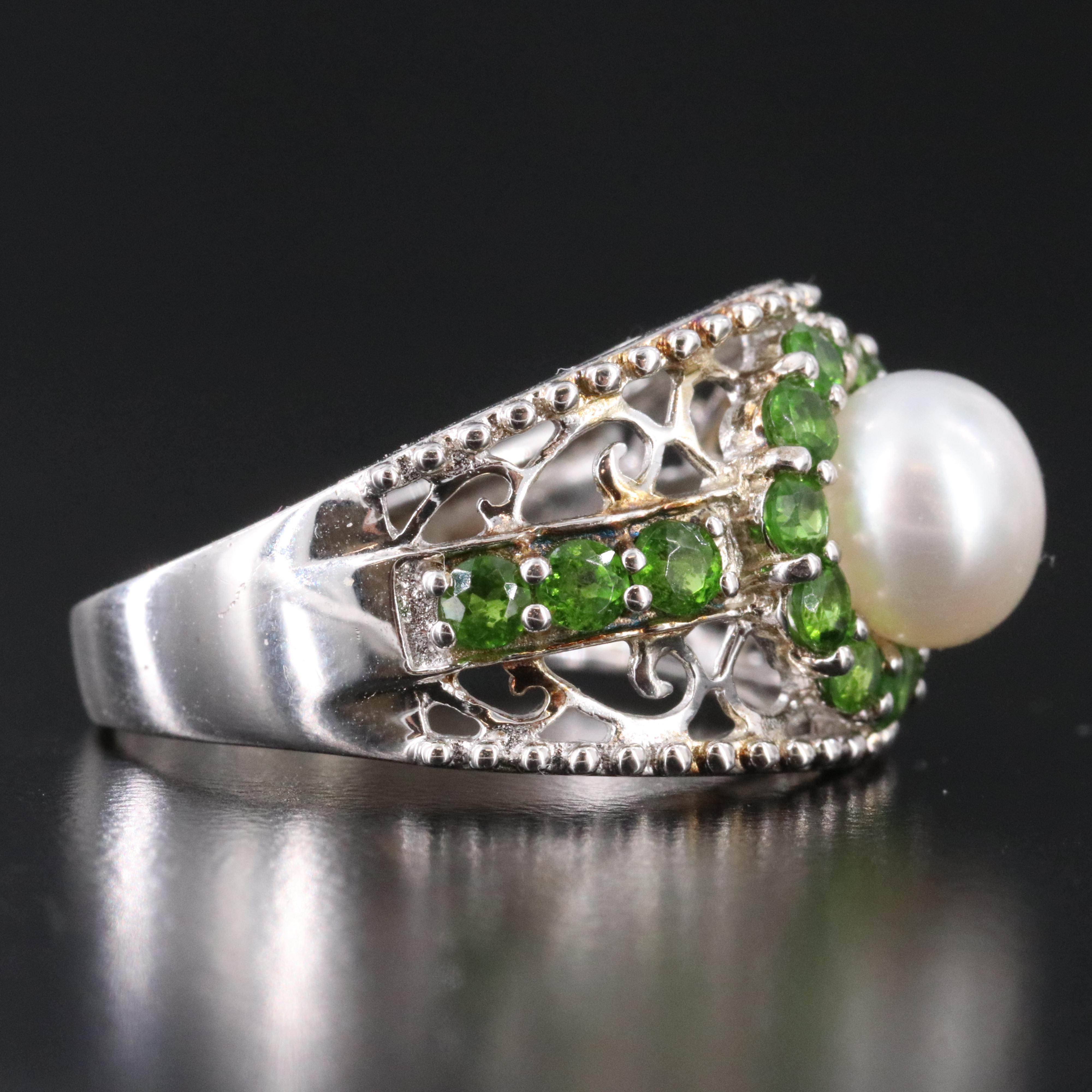 Sterling Pearl and Diopside Ring