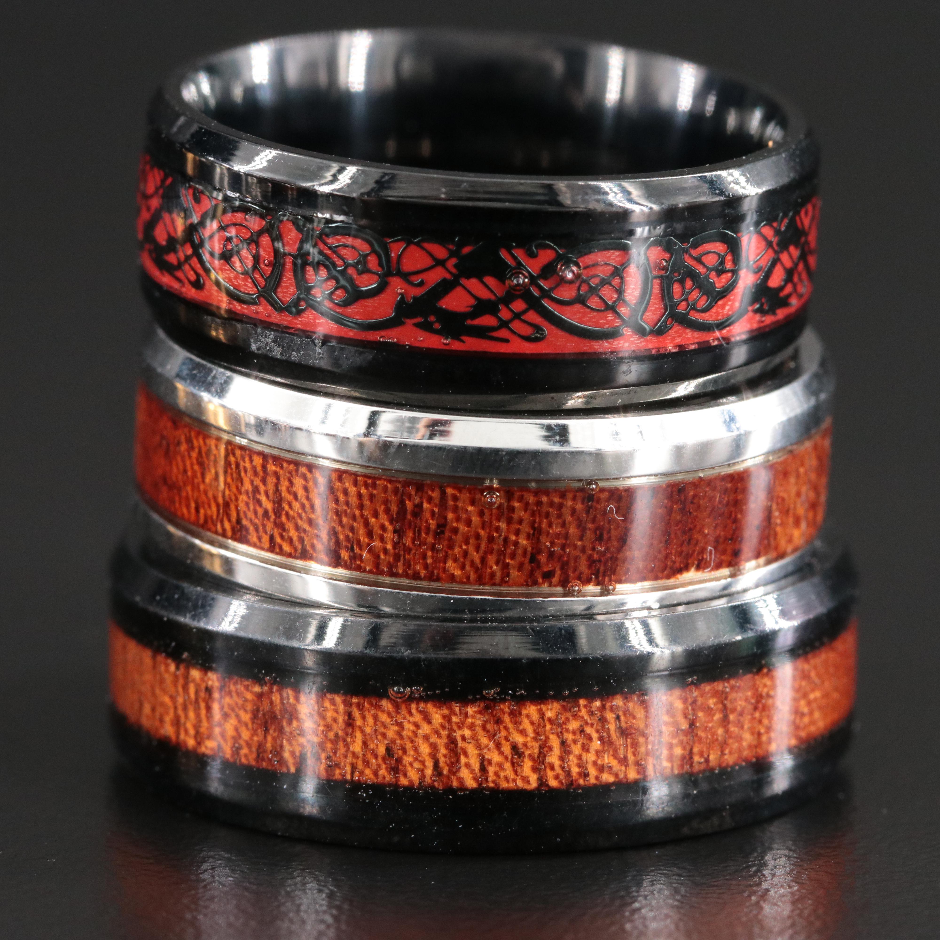 Ring Collection Including Enamel and Wood Inlay