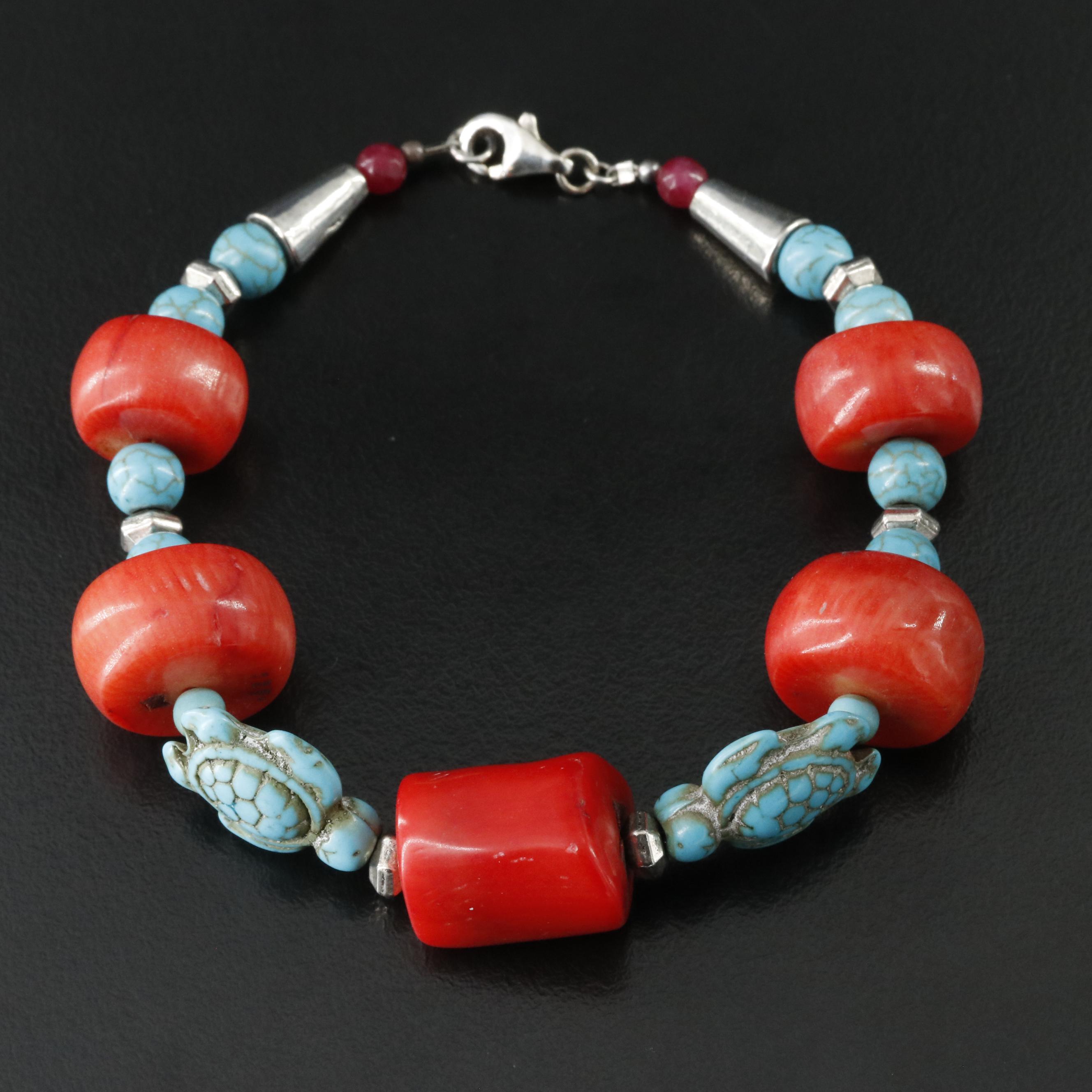 Sterling Coral, Faux Turquoise and Quartz Bracelet