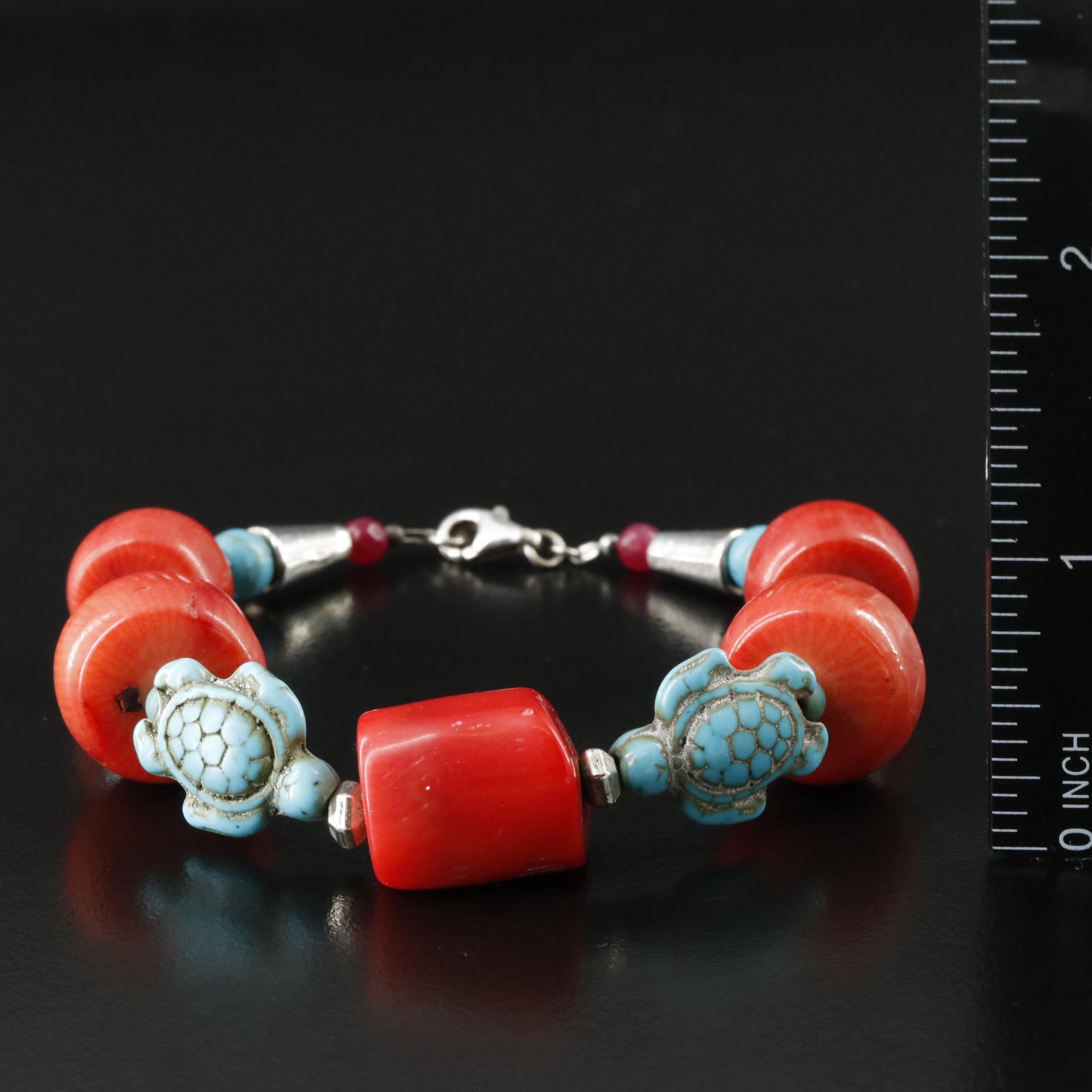 Sterling Coral, Faux Turquoise and Quartz Bracelet