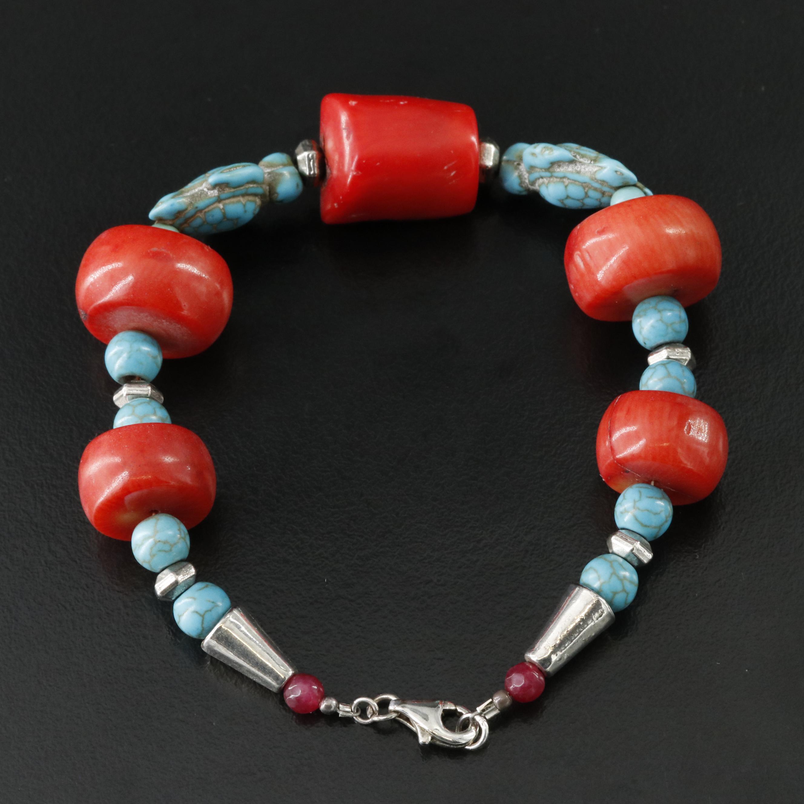Sterling Coral, Faux Turquoise and Quartz Bracelet