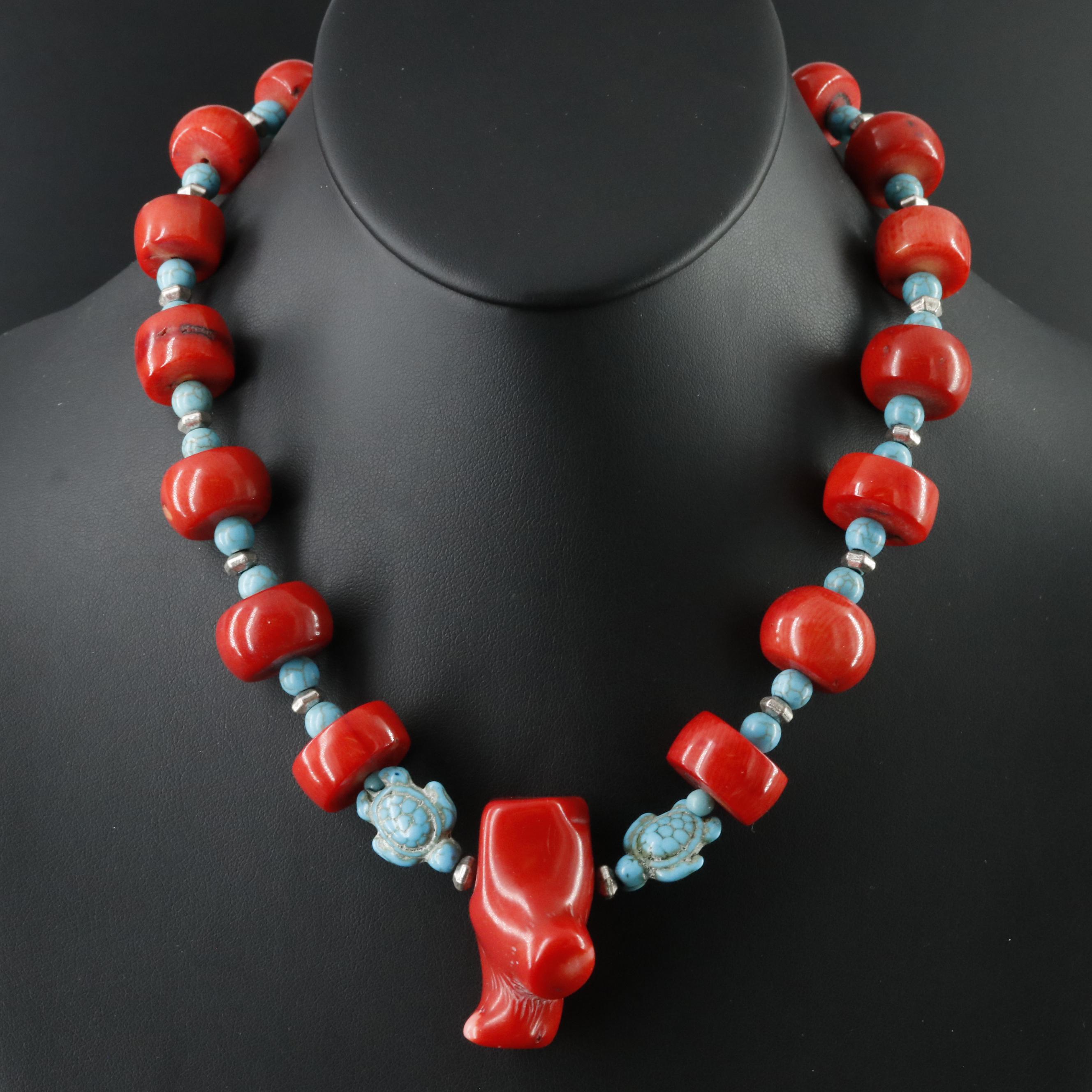 Sterling Coral, Faux Turquoise and Quartz Necklace