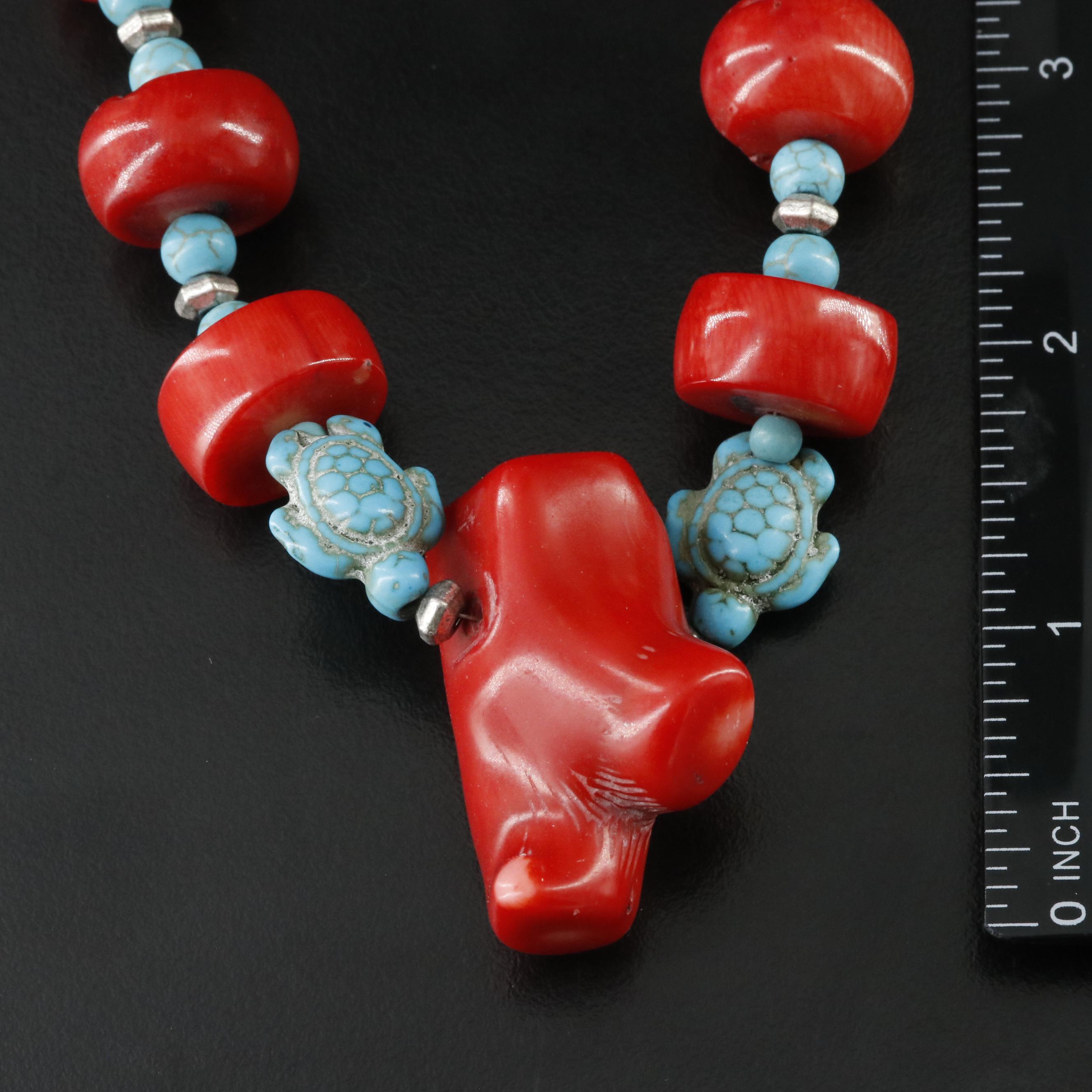 Sterling Coral, Faux Turquoise and Quartz Necklace