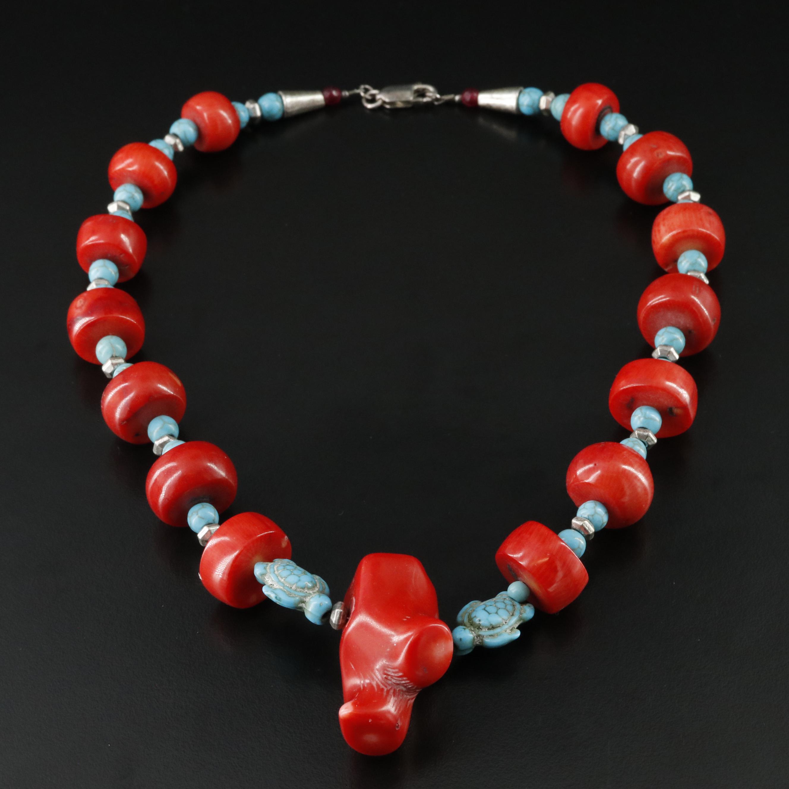 Sterling Coral, Faux Turquoise and Quartz Necklace