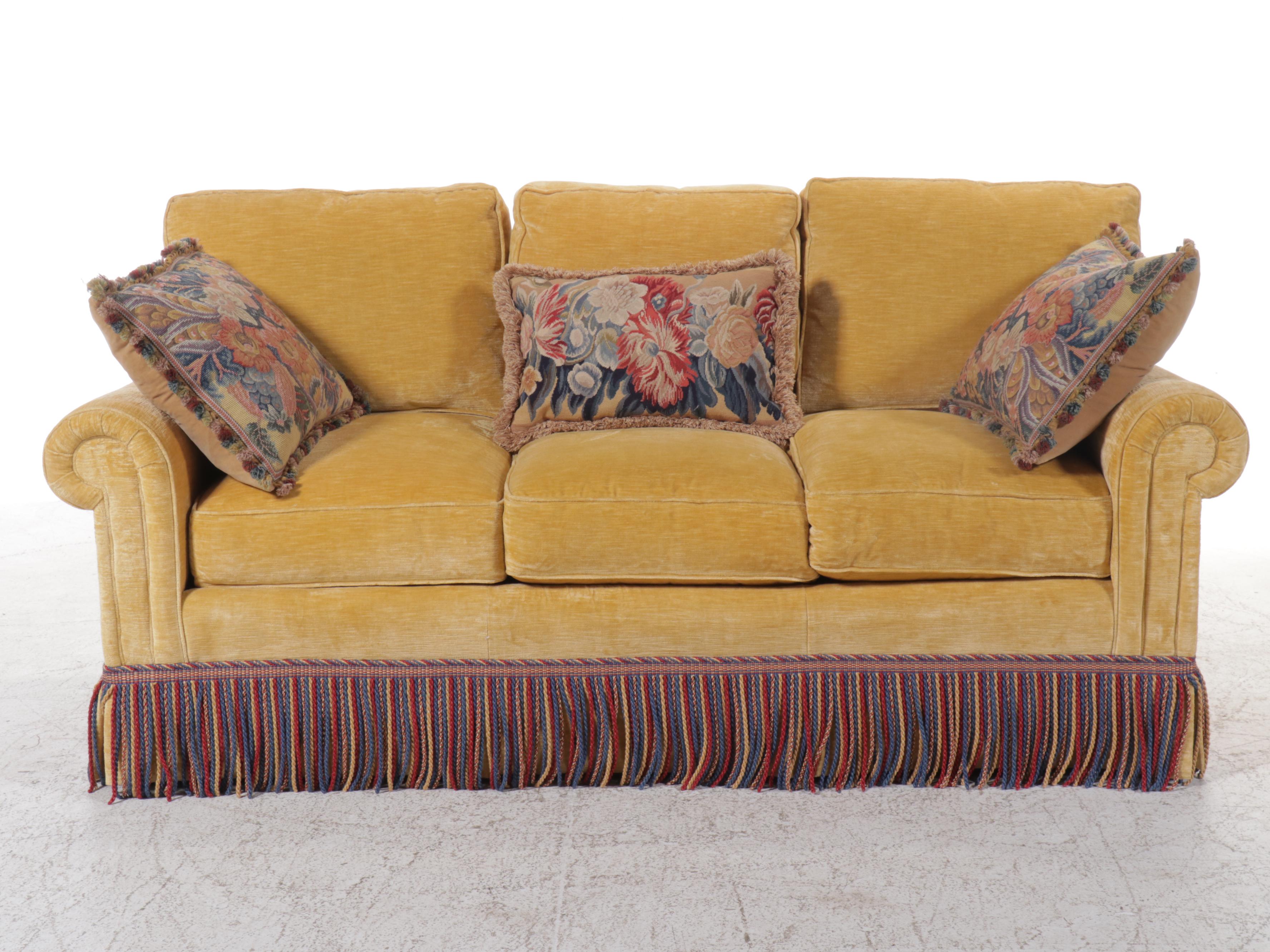 Sherrill Chenille Upholstered Sofa with Tasseled Fringe