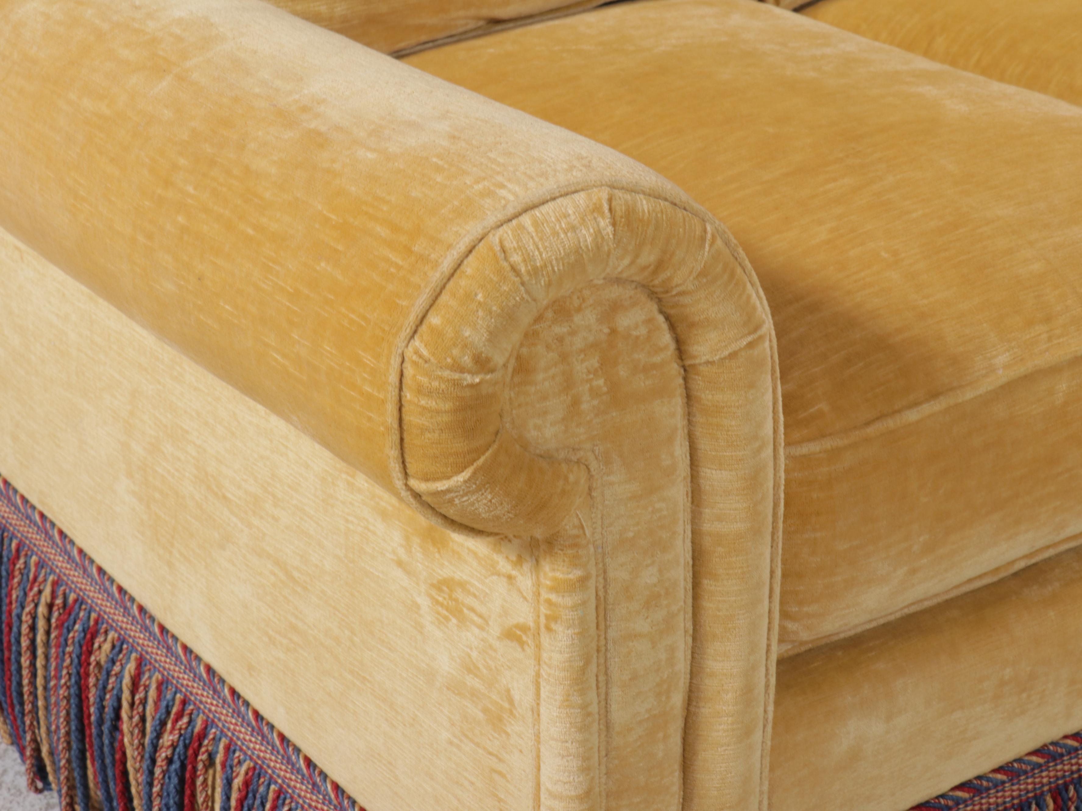 Sherrill Chenille Upholstered Sofa with Tasseled Fringe