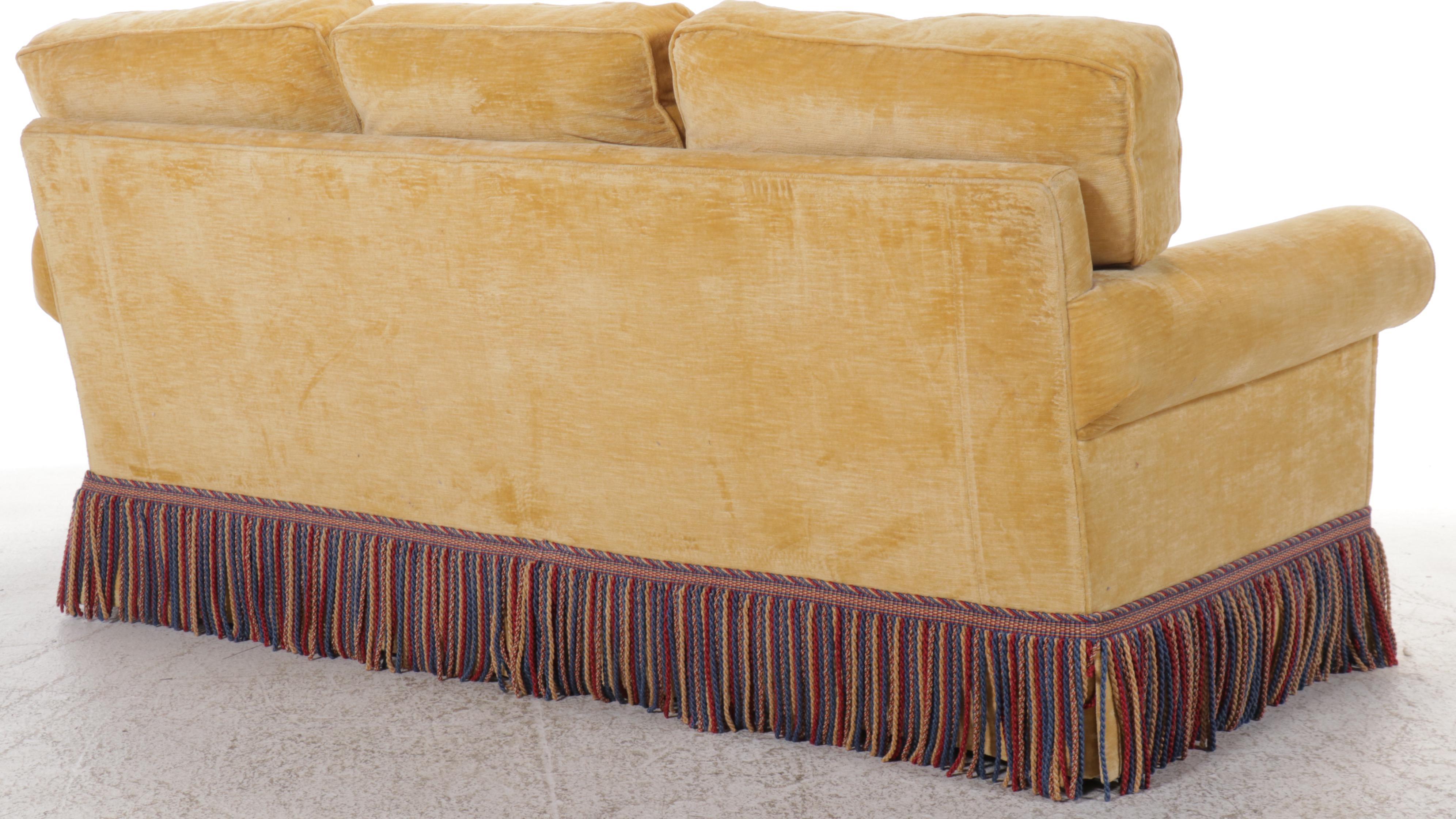 Sherrill Chenille Upholstered Sofa with Tasseled Fringe