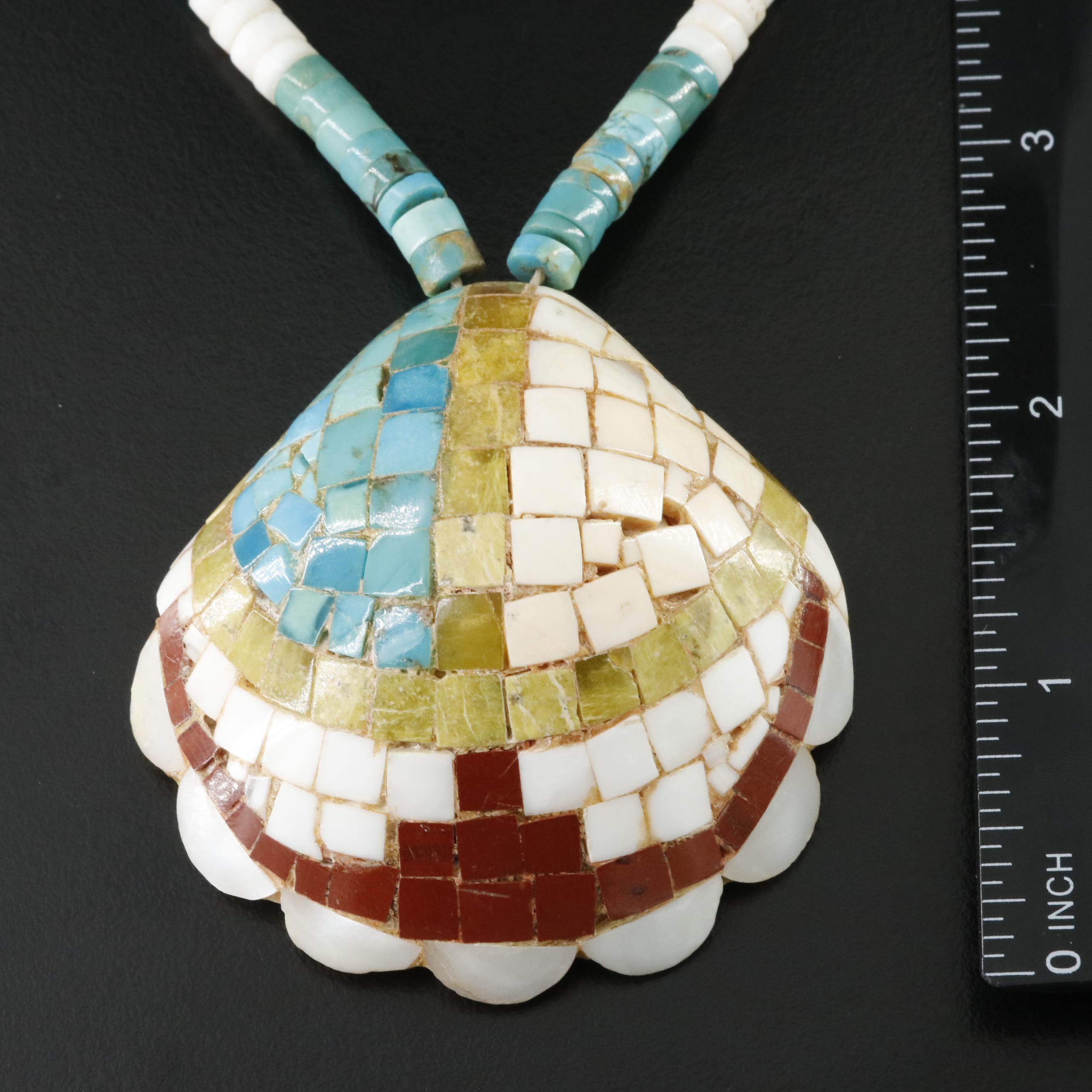 Vintage Shell, Turquoise and Gemstone Mosaic Necklace