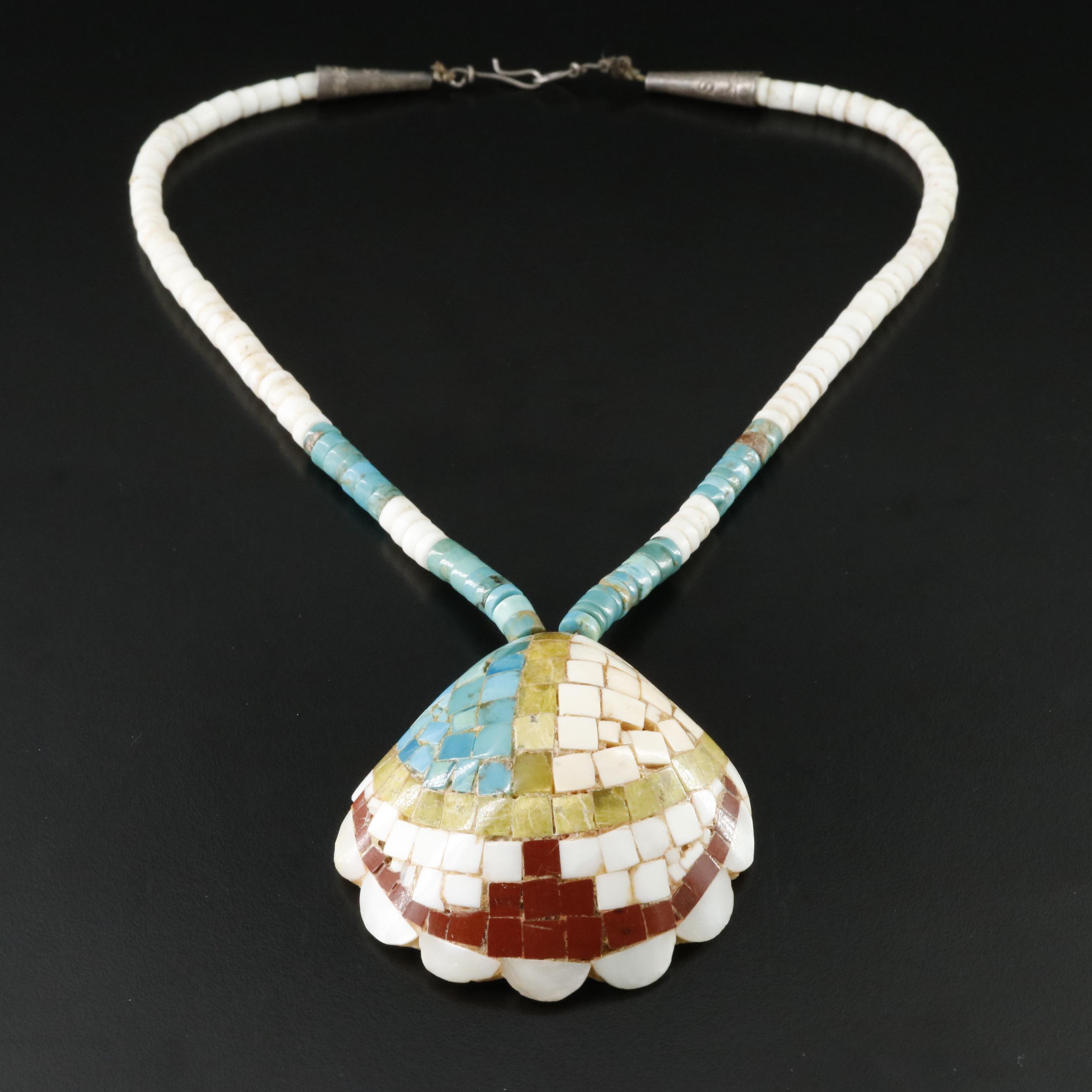 Vintage Shell, Turquoise and Gemstone Mosaic Necklace