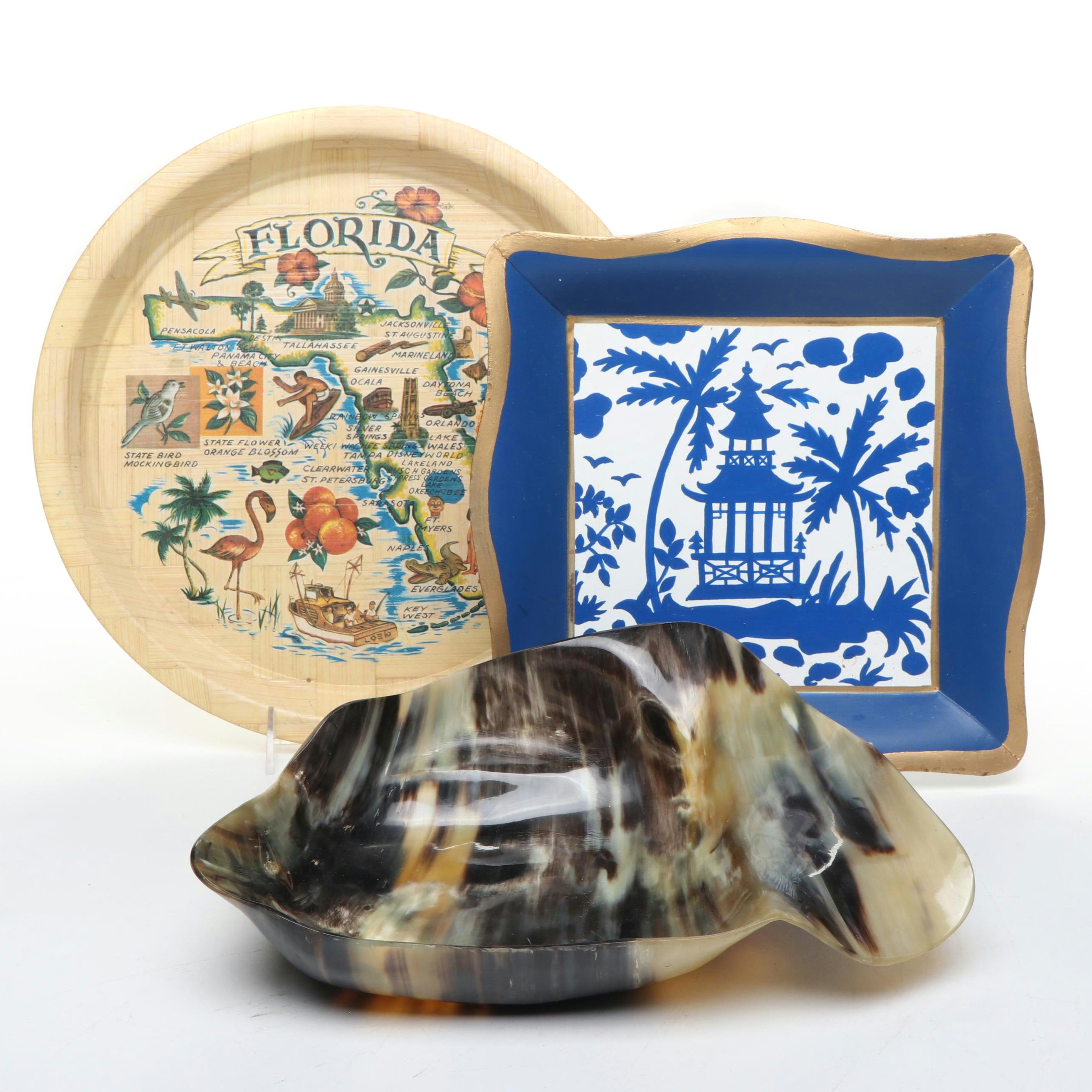 Bamboo Florida Tray, Tortoise Shell Plastic Bowl, and Polychrome Metal Plate