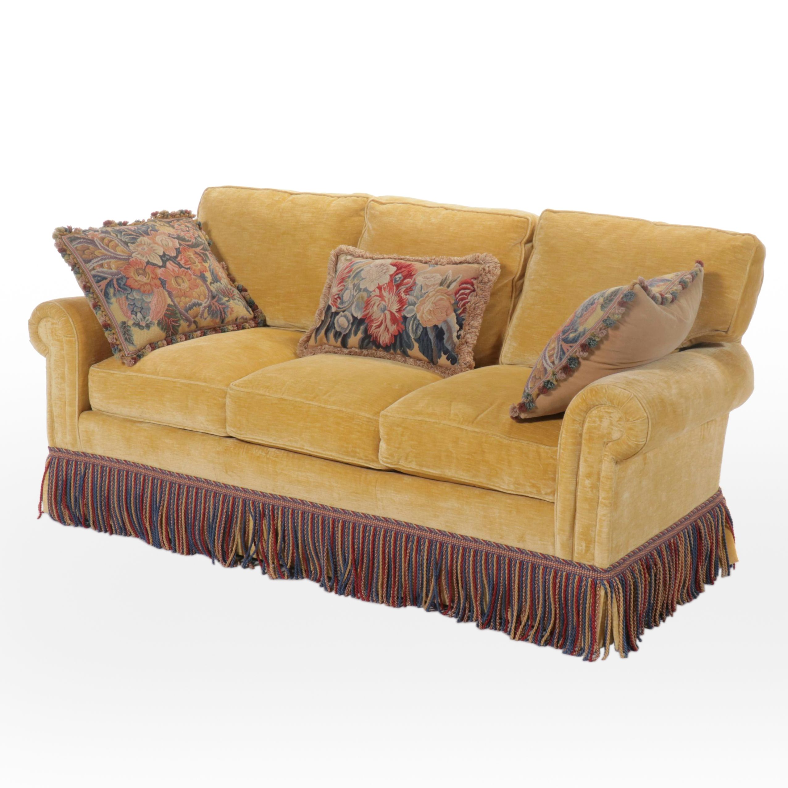 Sherrill Chenille Upholstered Sofa with Tasseled Fringe