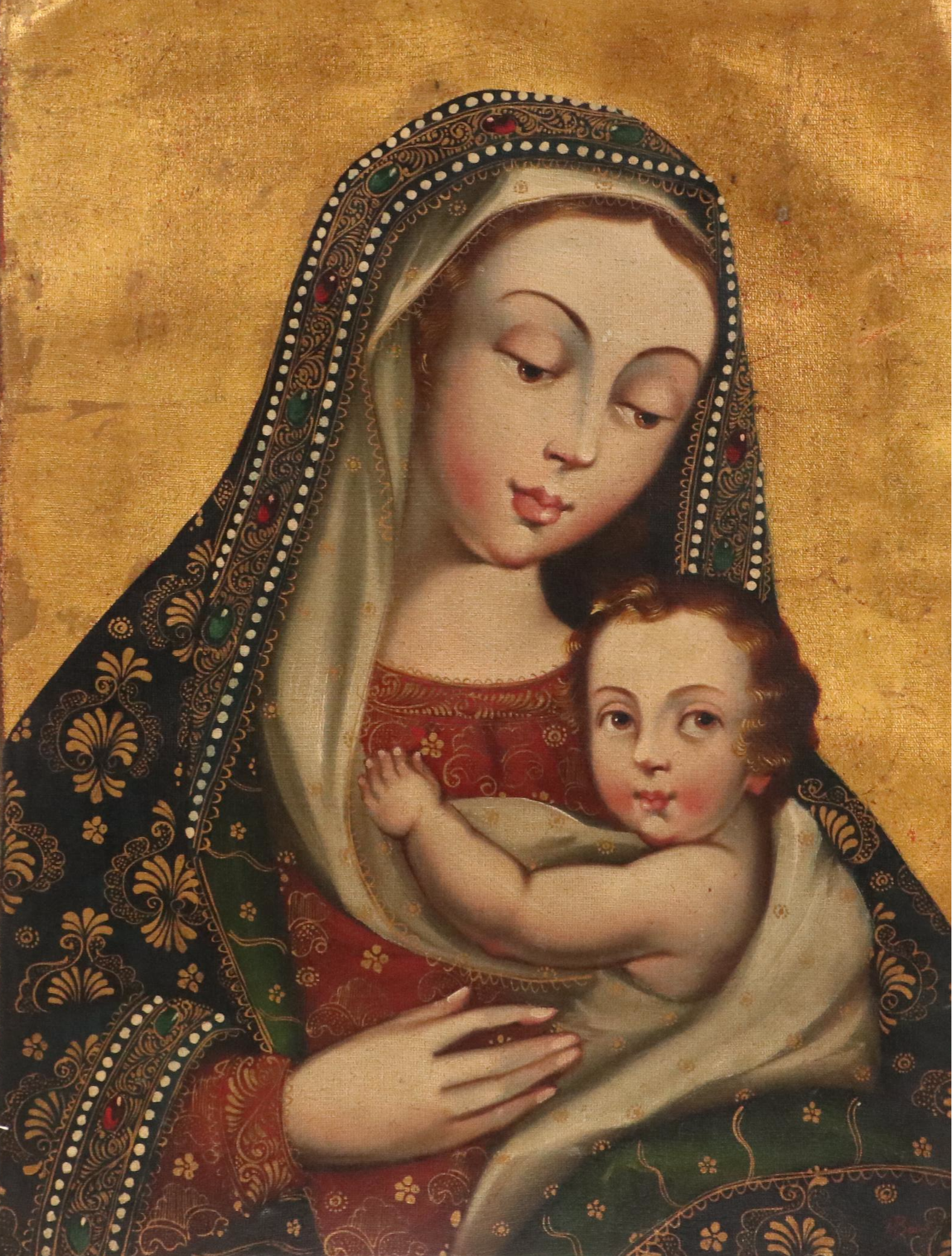 Cuzco School Style Oil Painting of Madonna and Child