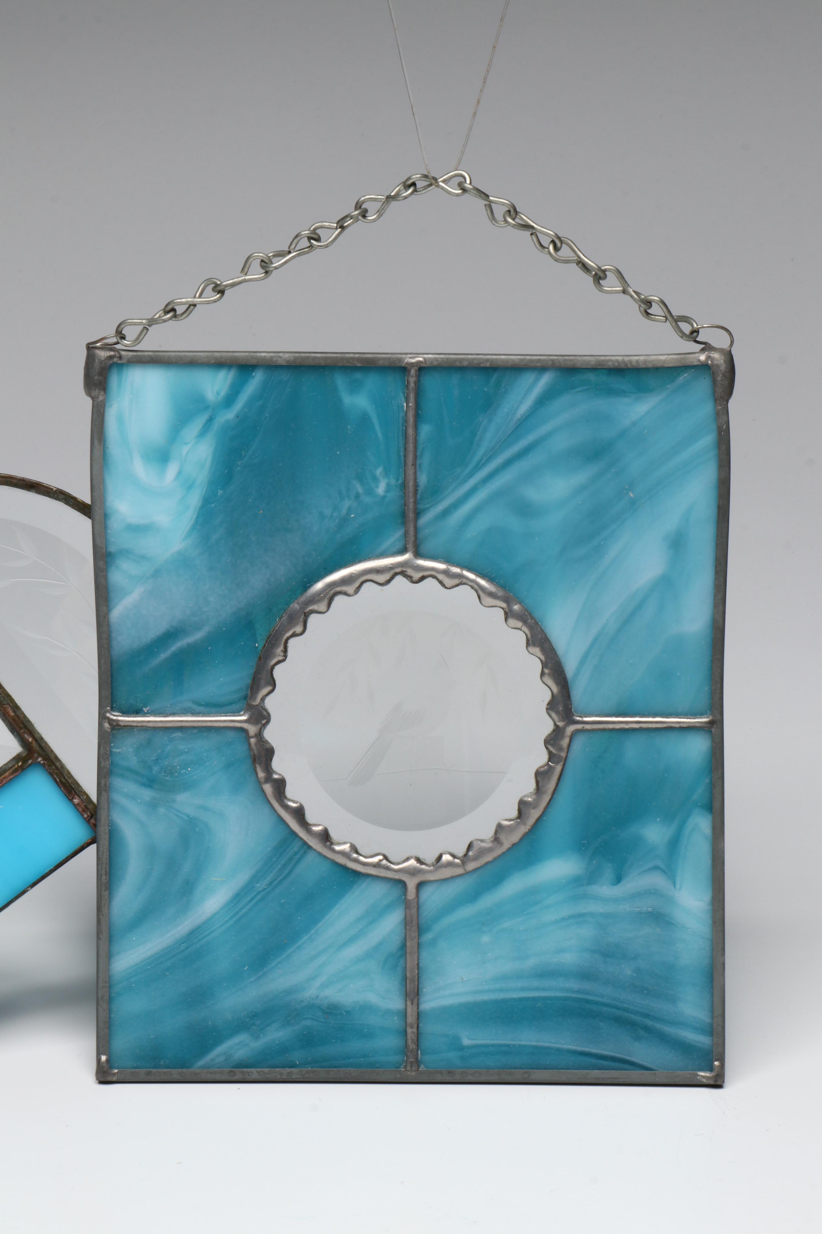 Blue and Clear Stained Glass Hanging Panels