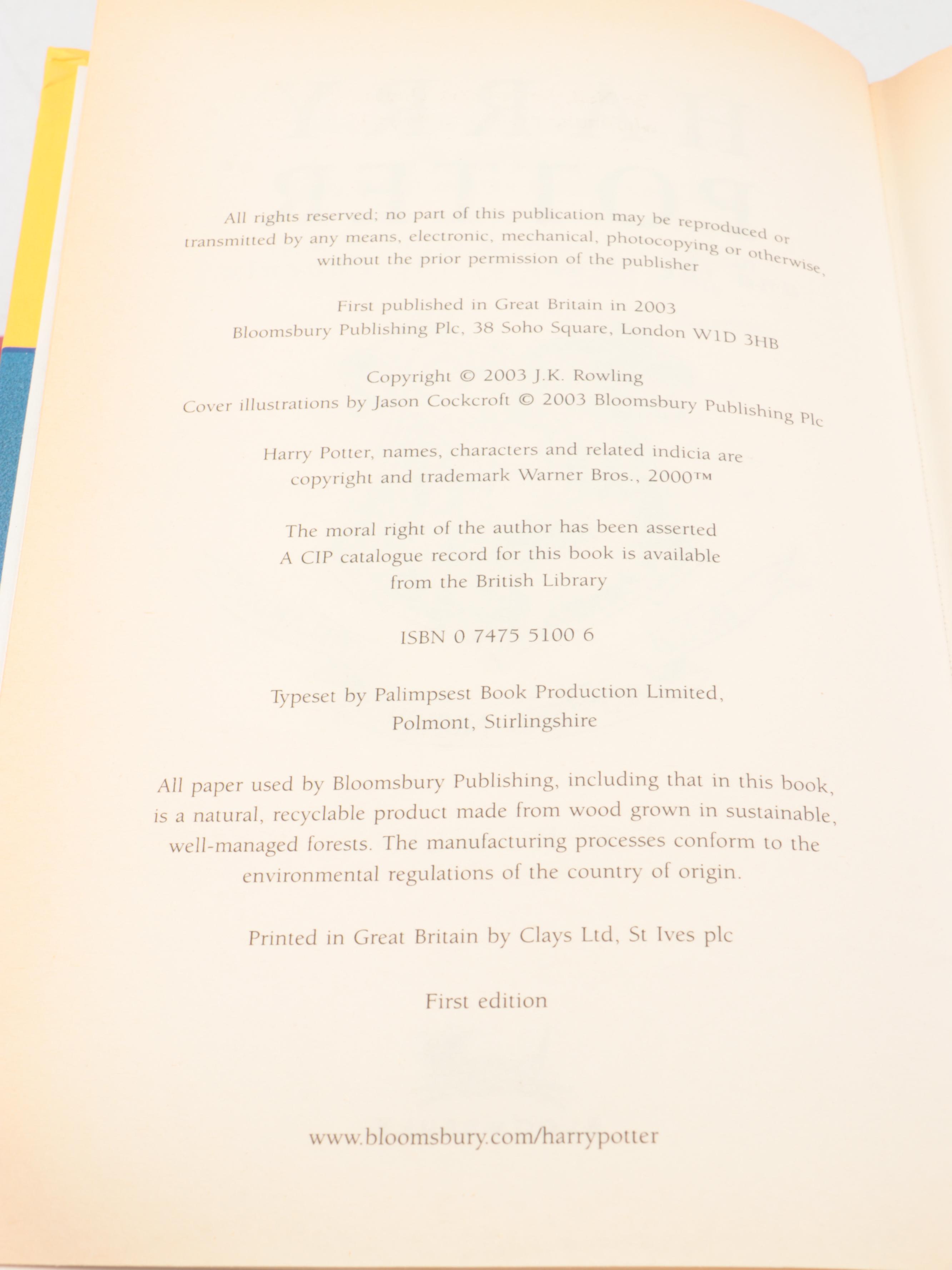 First UK Edition "Harry Potter and the Order of the Phoenix" by J. K. Rowling