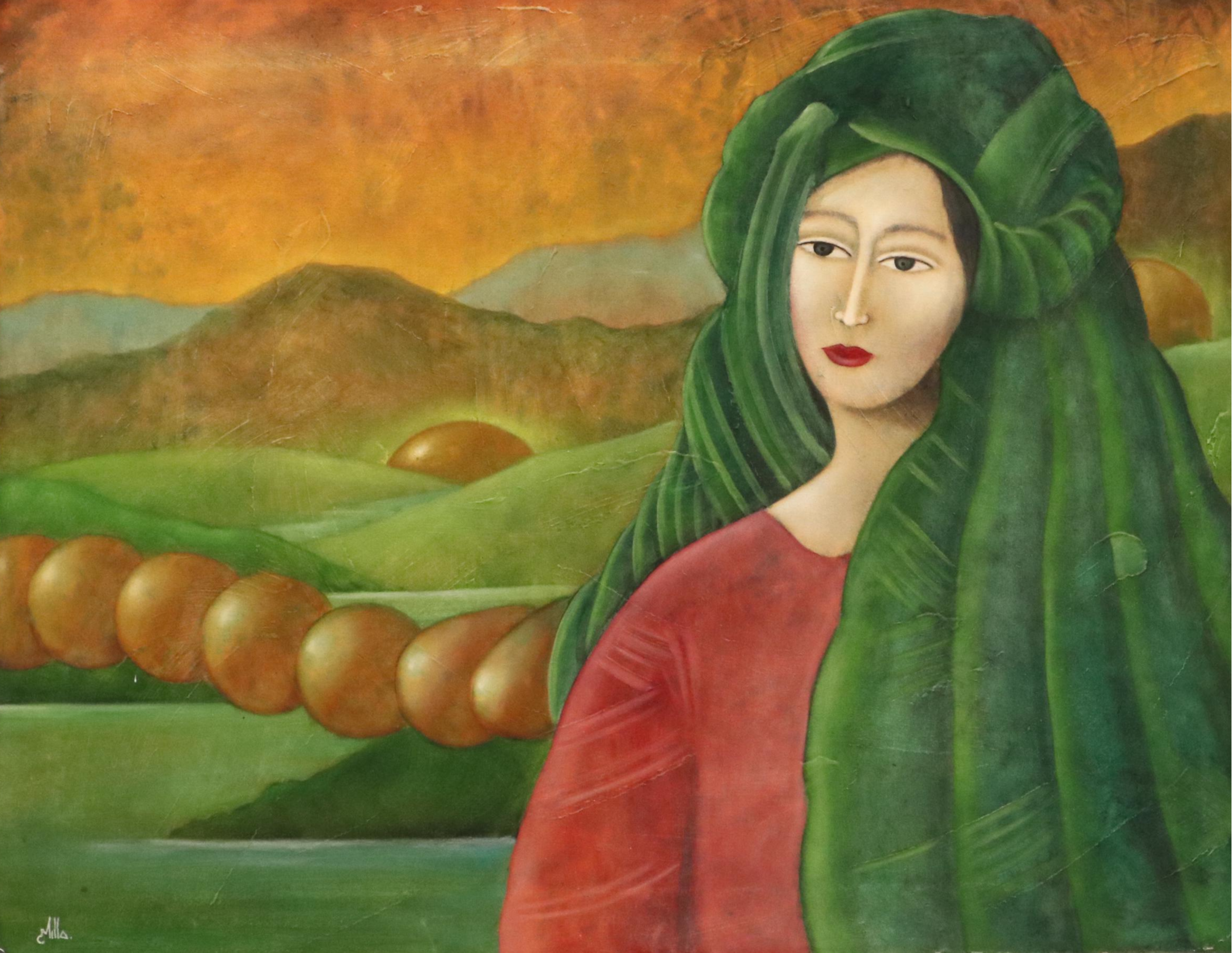 Stylized Oil Painting of Figure in Hilly Landscape