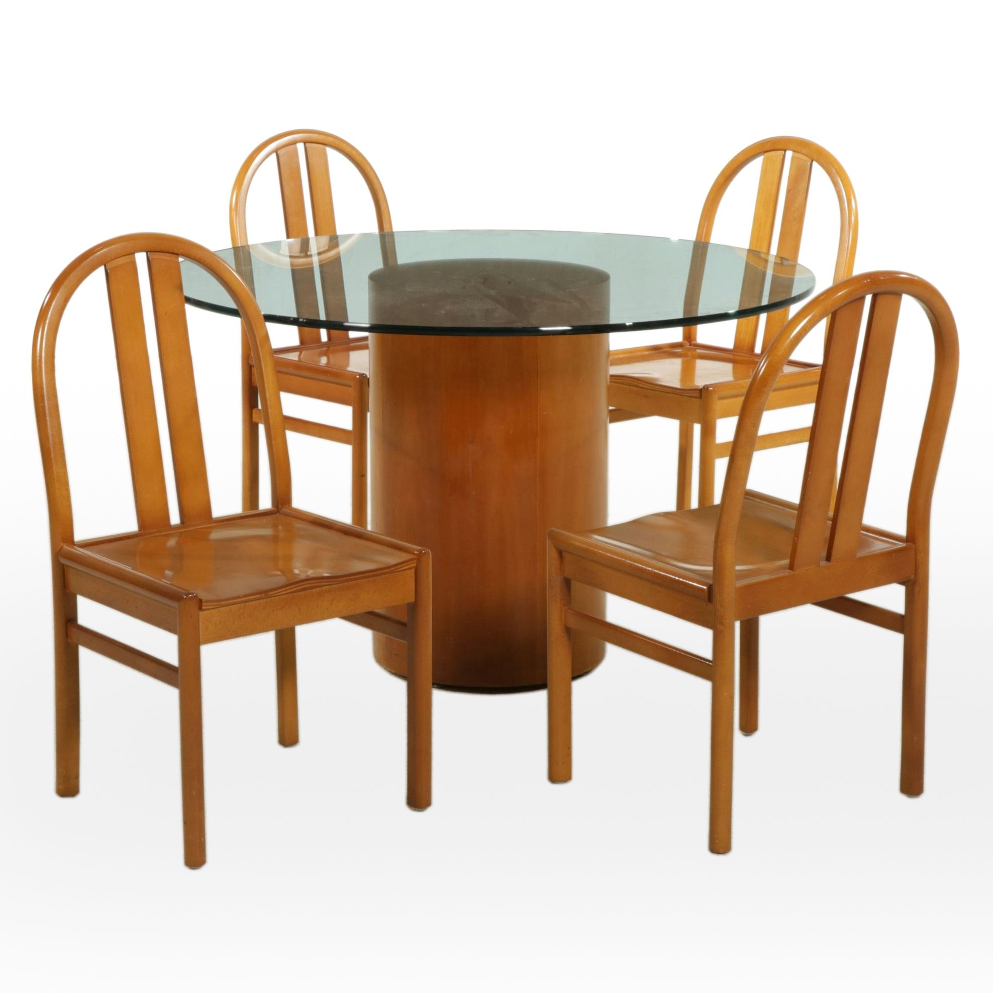 Lowenstein Mid Century Modern Glass Top Pedestal Dining Table and Four Chairs