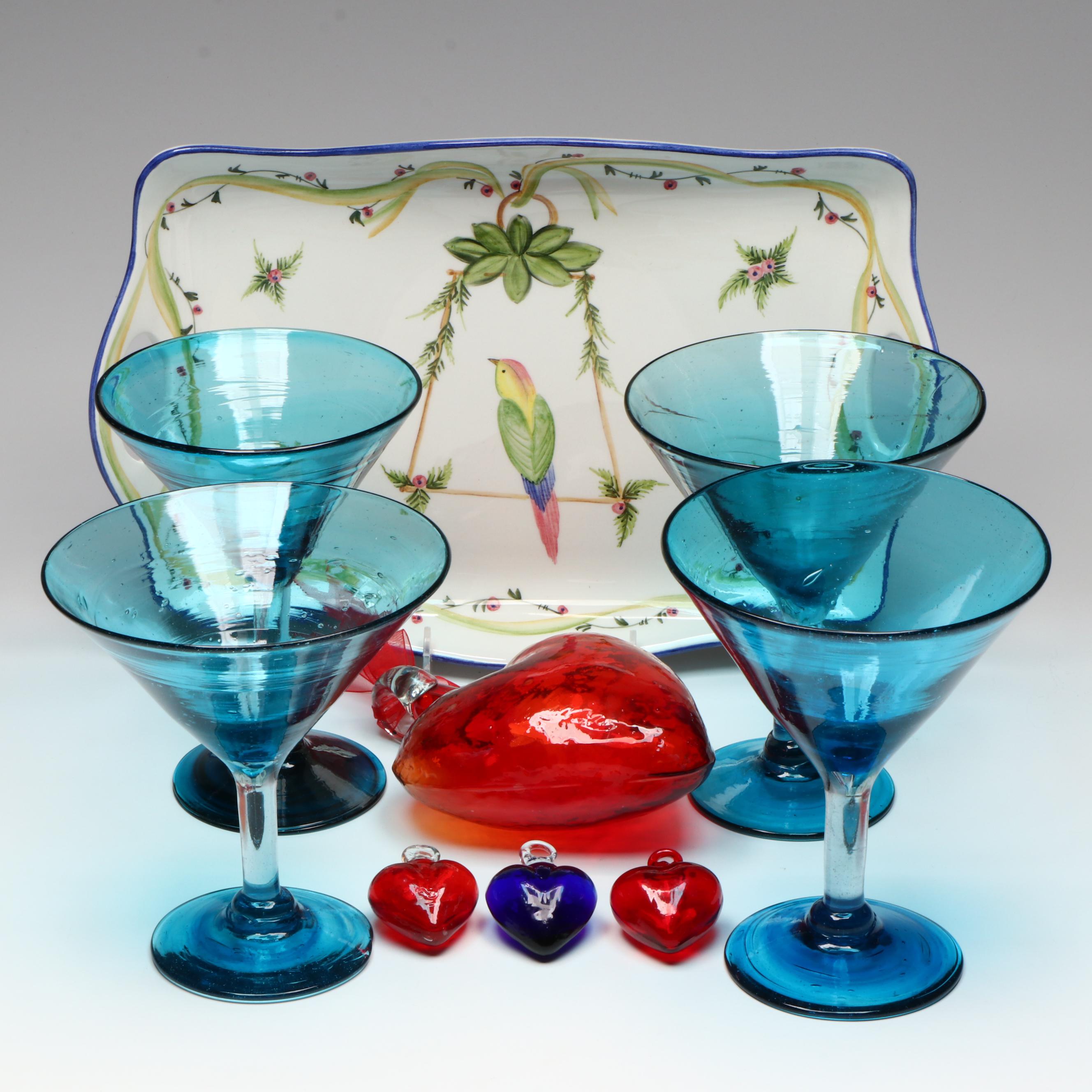 The Mane Lion Ceramic Tray with Glass Martini Glasses and Heart Ornaments