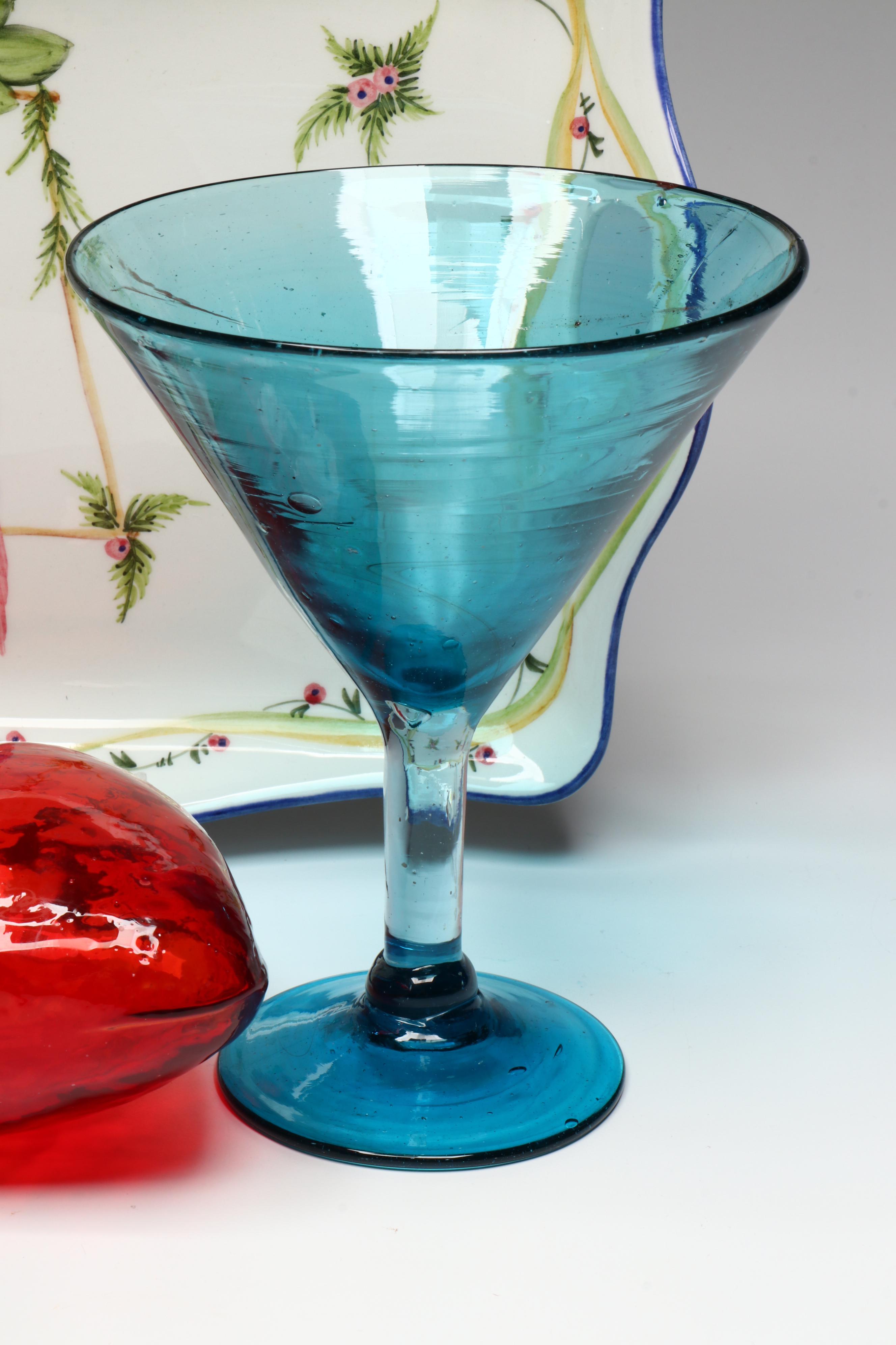 The Mane Lion Ceramic Tray with Glass Martini Glasses and Heart Ornaments