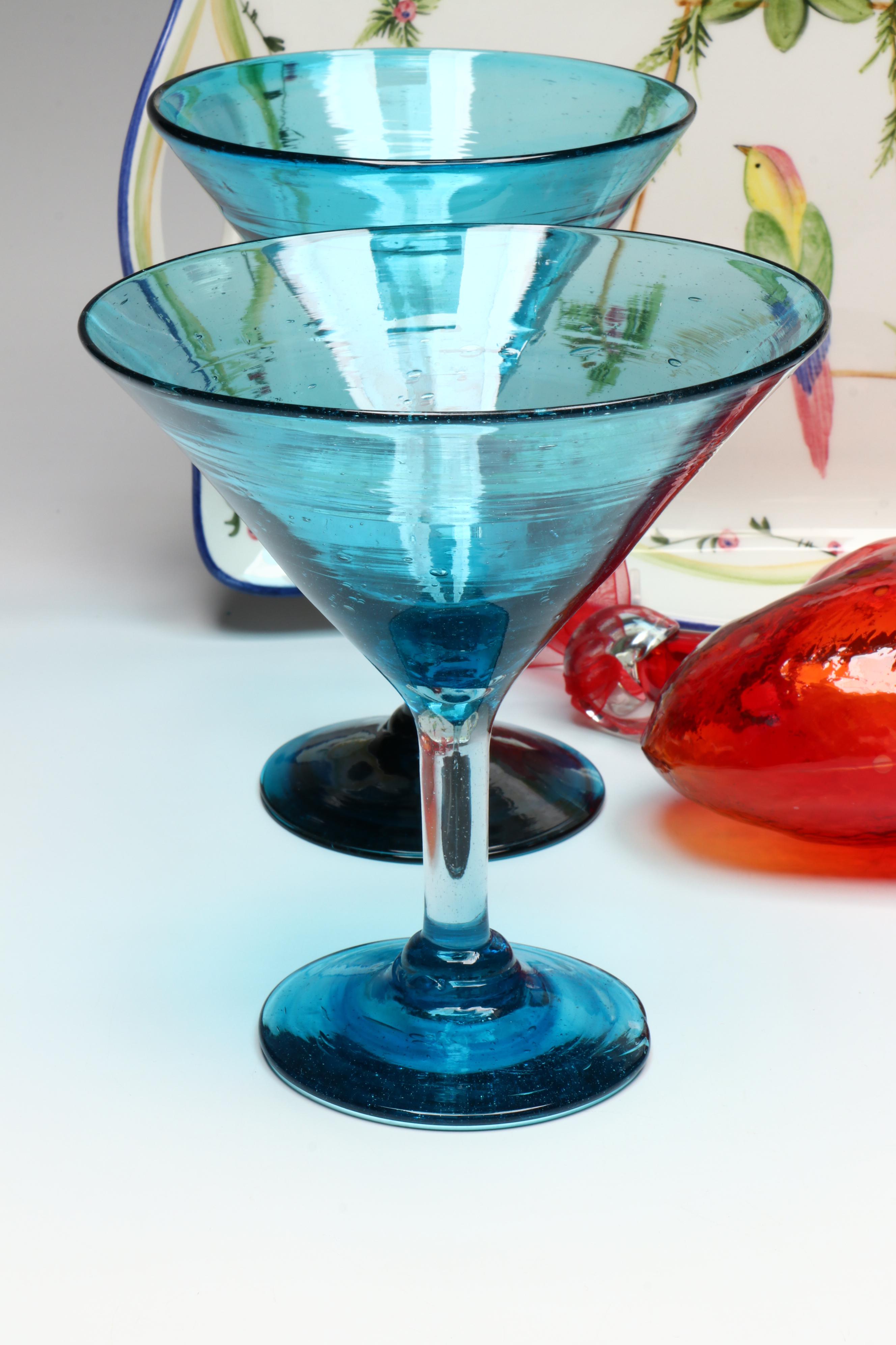 The Mane Lion Ceramic Tray with Glass Martini Glasses and Heart Ornaments