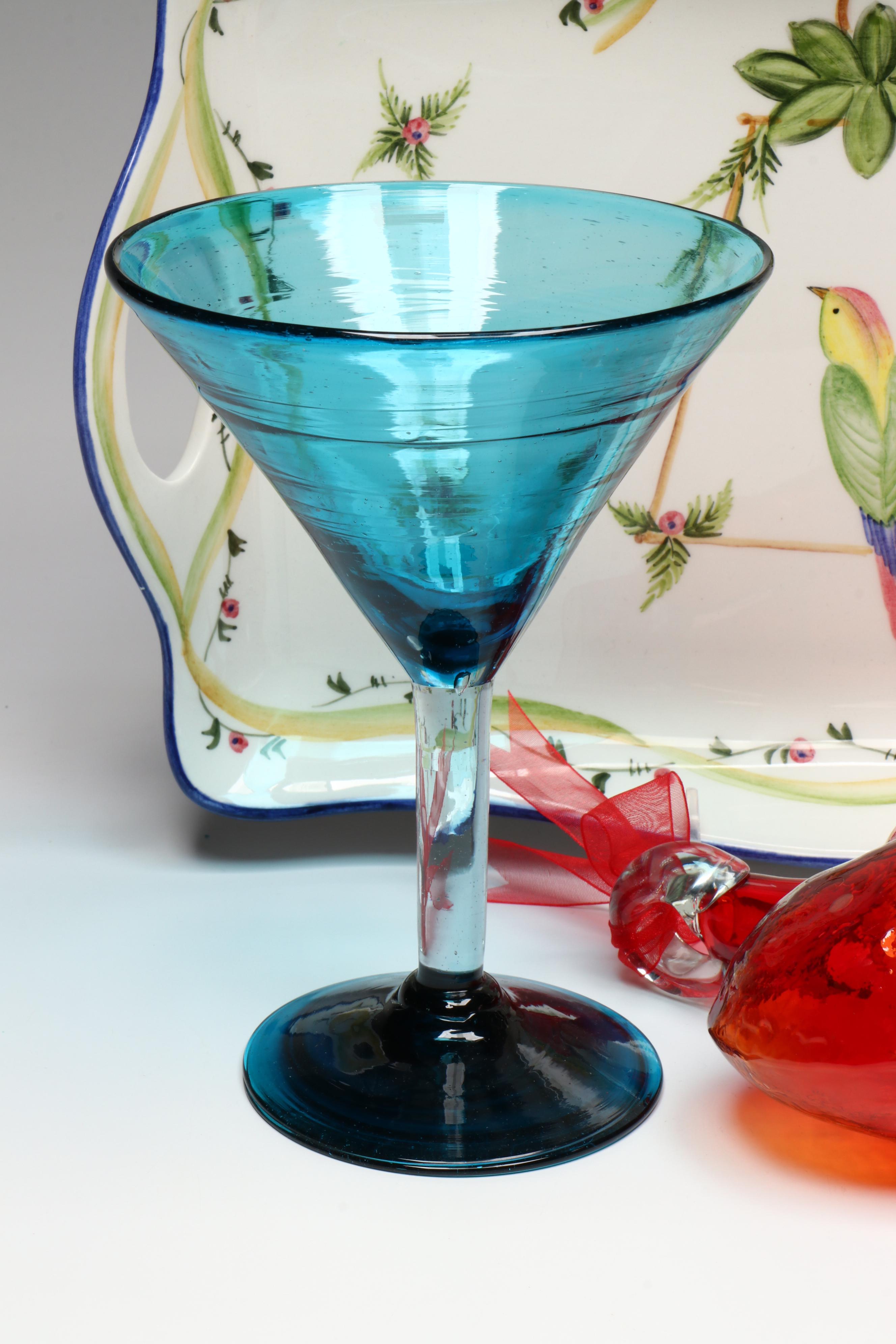 The Mane Lion Ceramic Tray with Glass Martini Glasses and Heart Ornaments