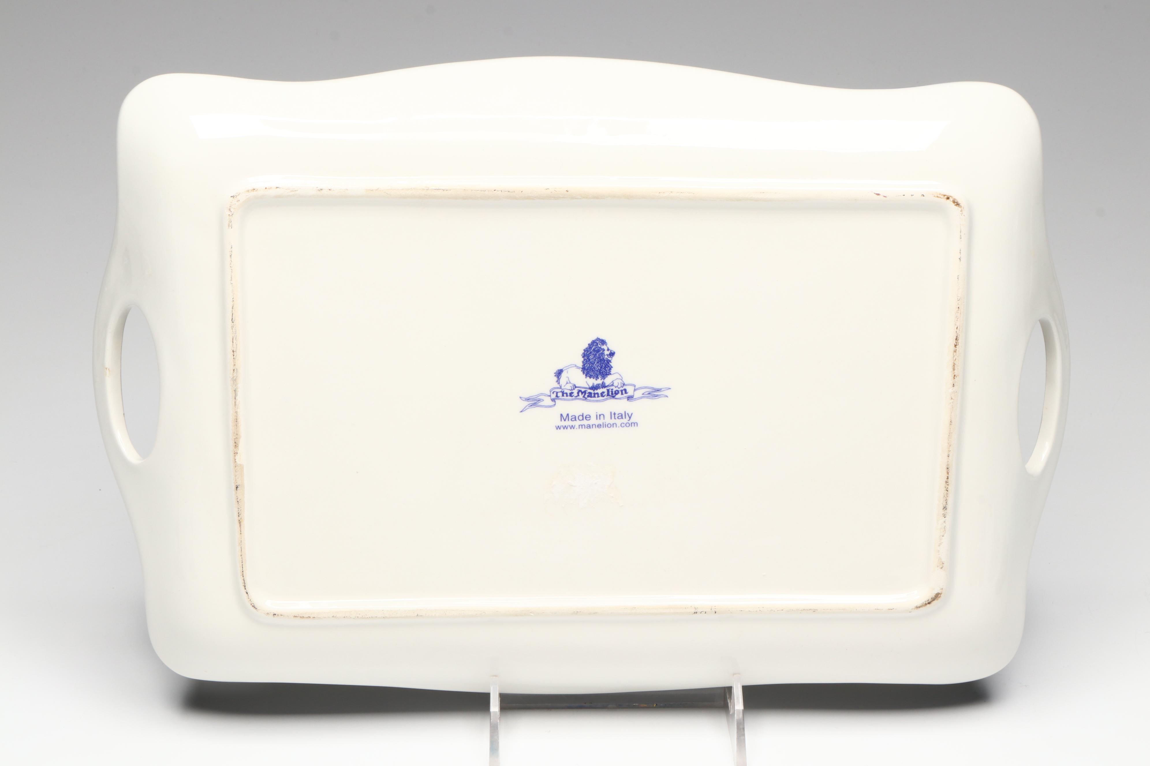 The Mane Lion Ceramic Tray with Glass Martini Glasses and Heart Ornaments