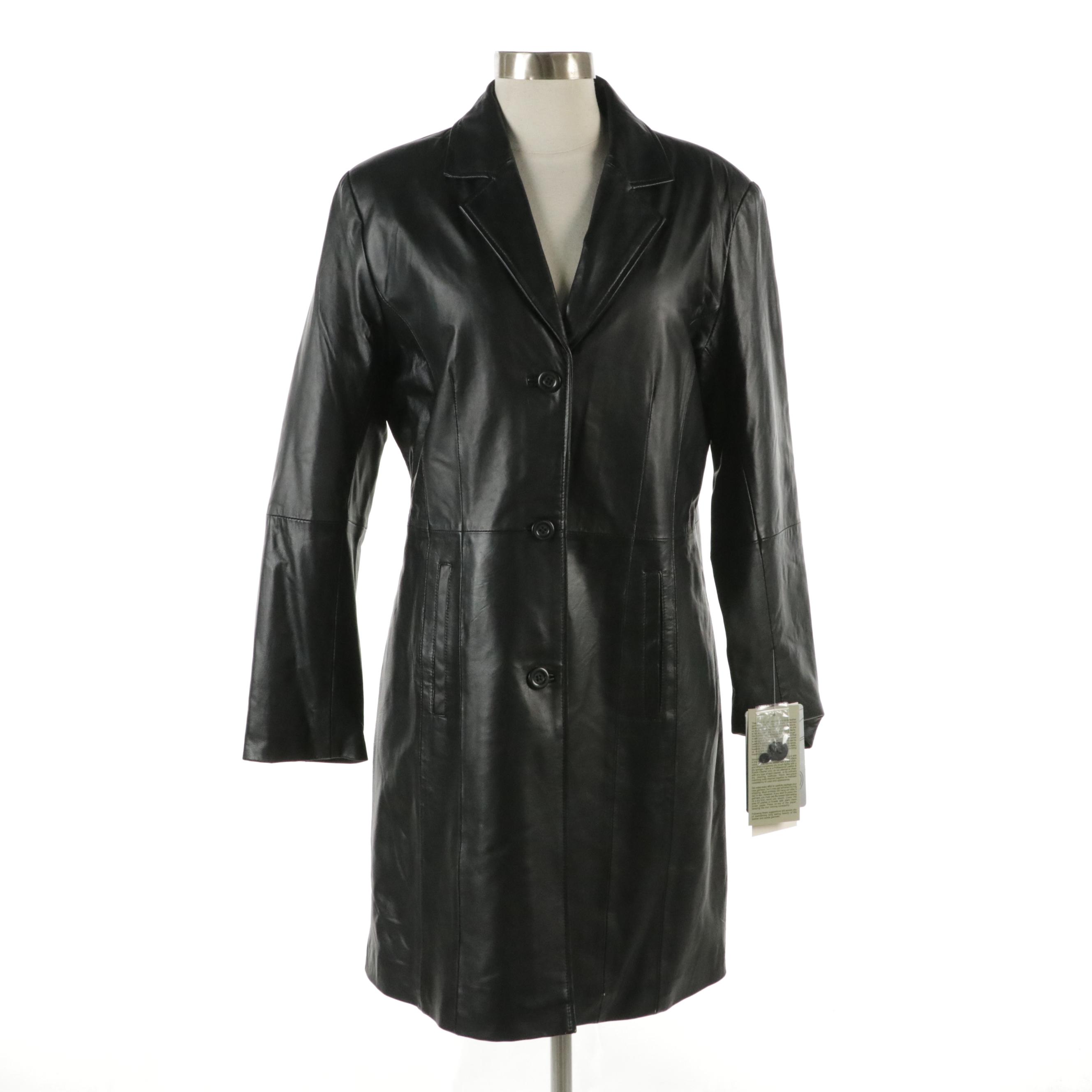 Excelled Collection Black Lambskin Leather Button Front Midi Jacket, With Tag