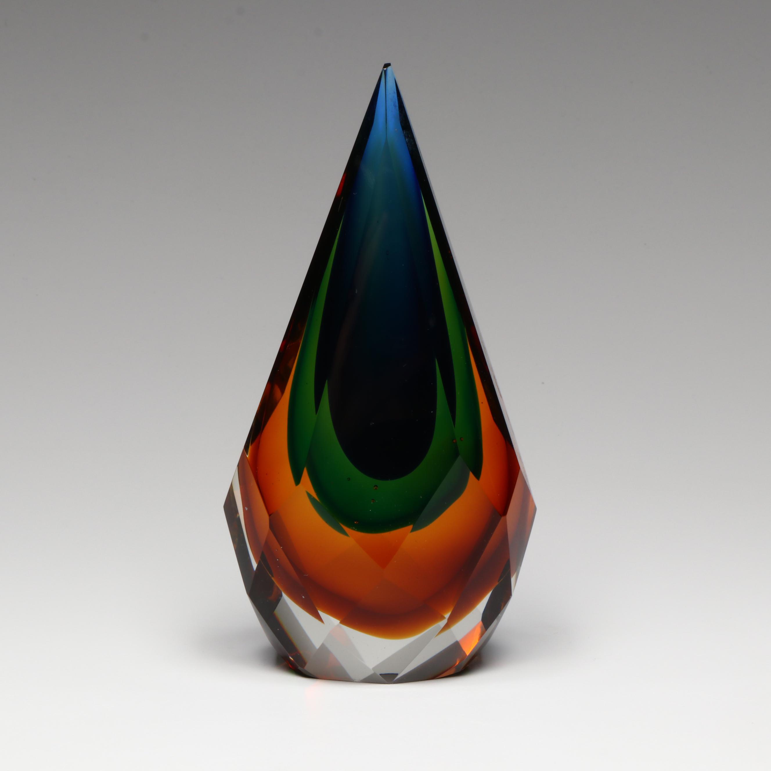 Murano Style Art Glass Peacock Feather Teardrop Paperweight