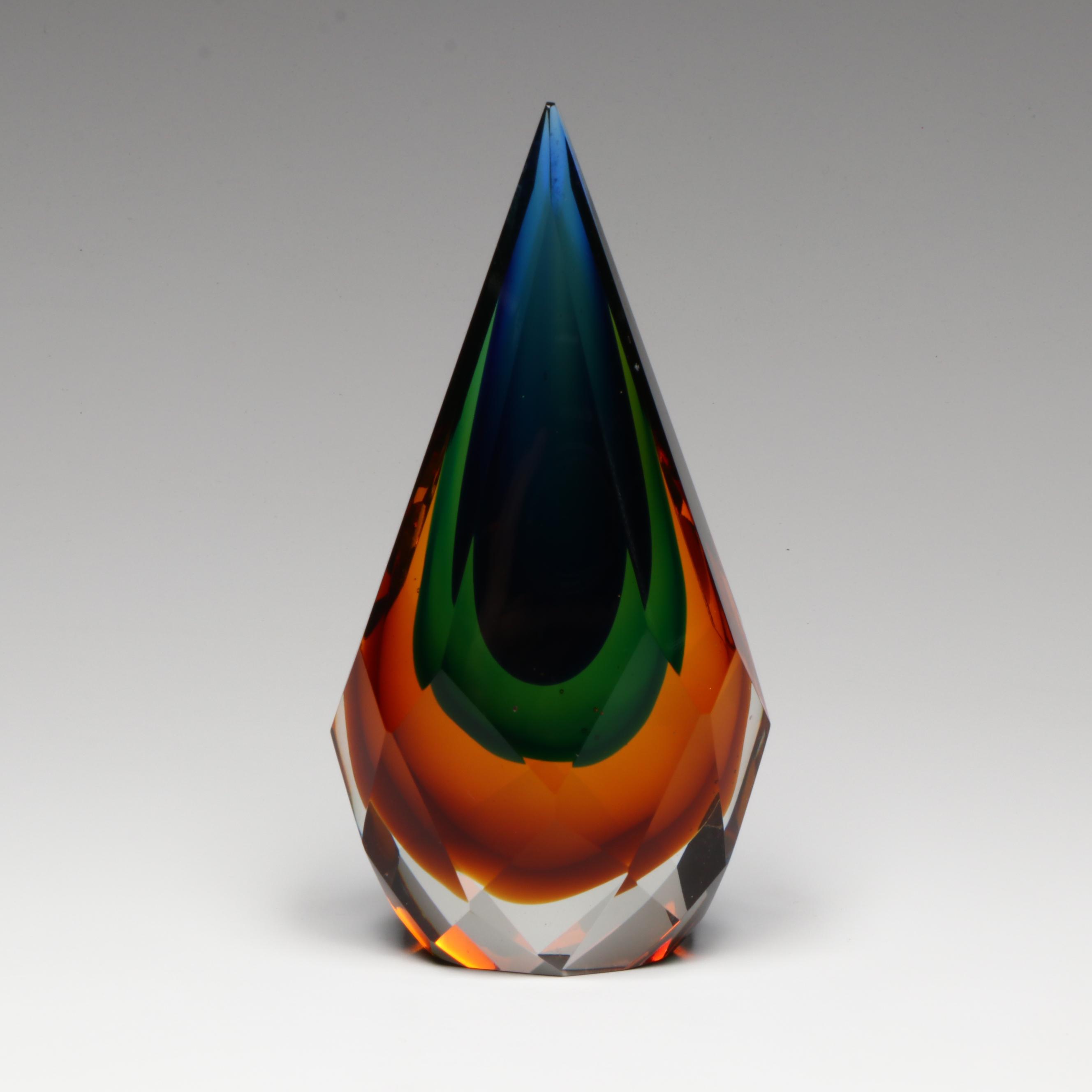 Murano Style Art Glass Peacock Feather Teardrop Paperweight