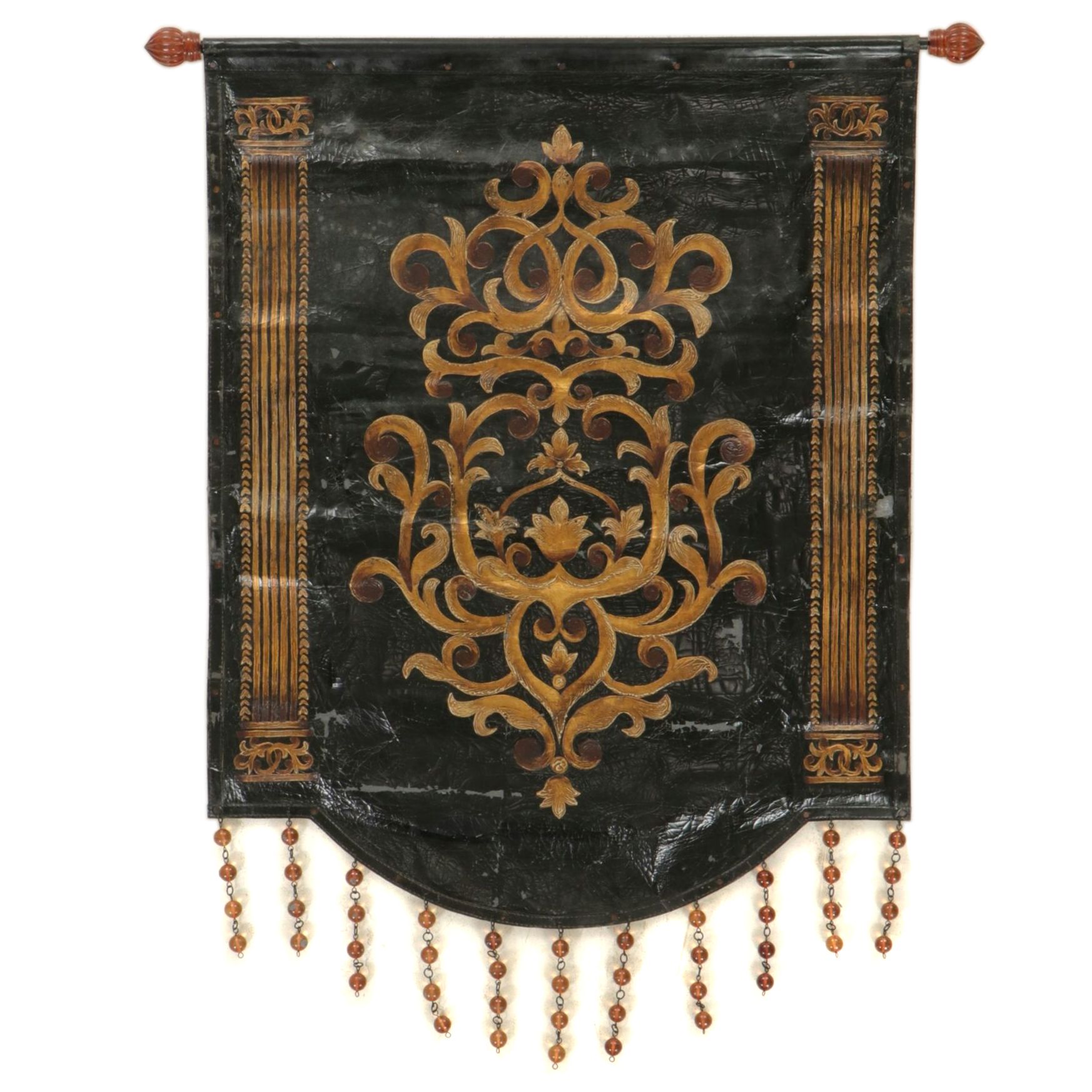 Neoclassical Faux Leather and Lucite Fringed Tapestry