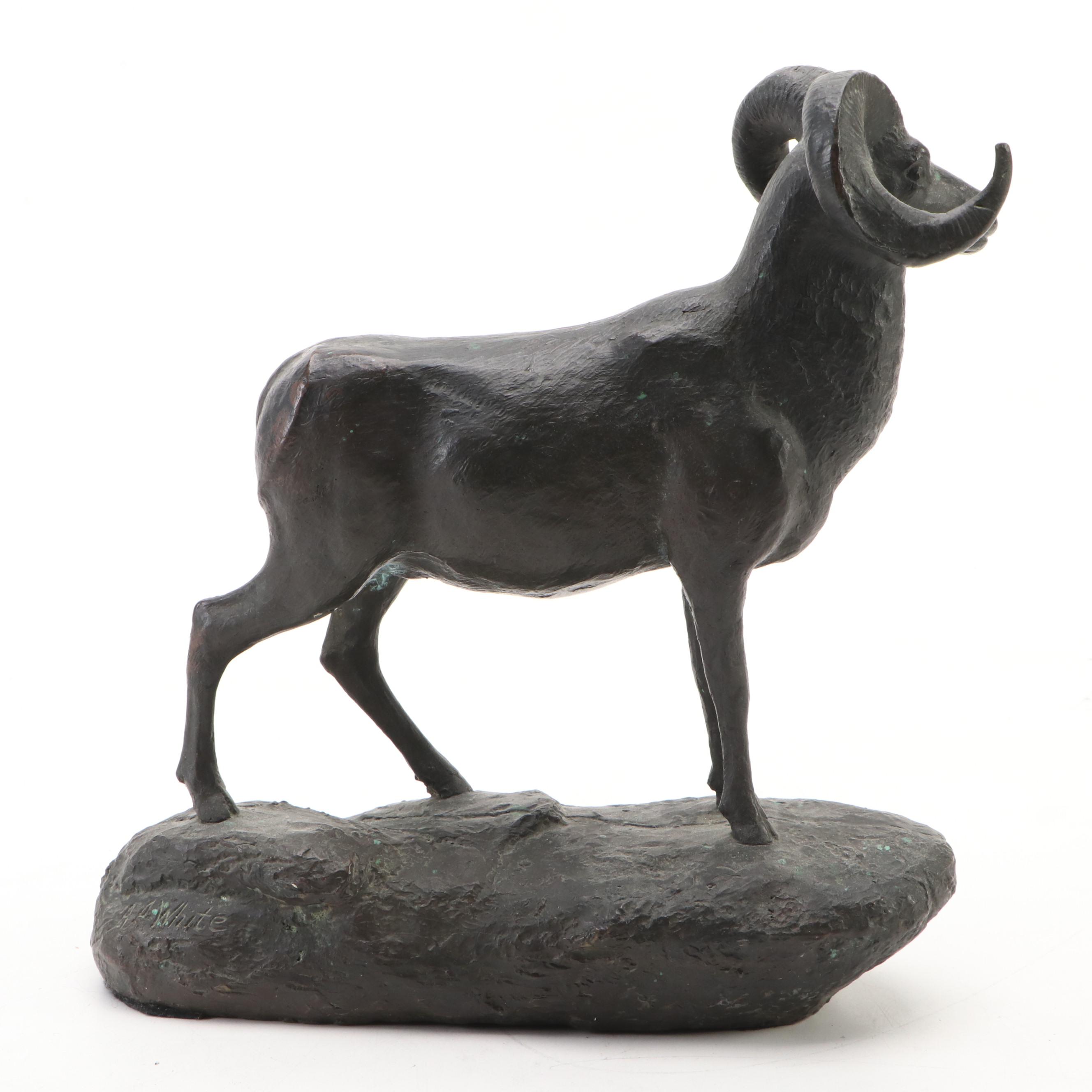 A. A. White Bronzed Metal American Bighorn Ram Figure
