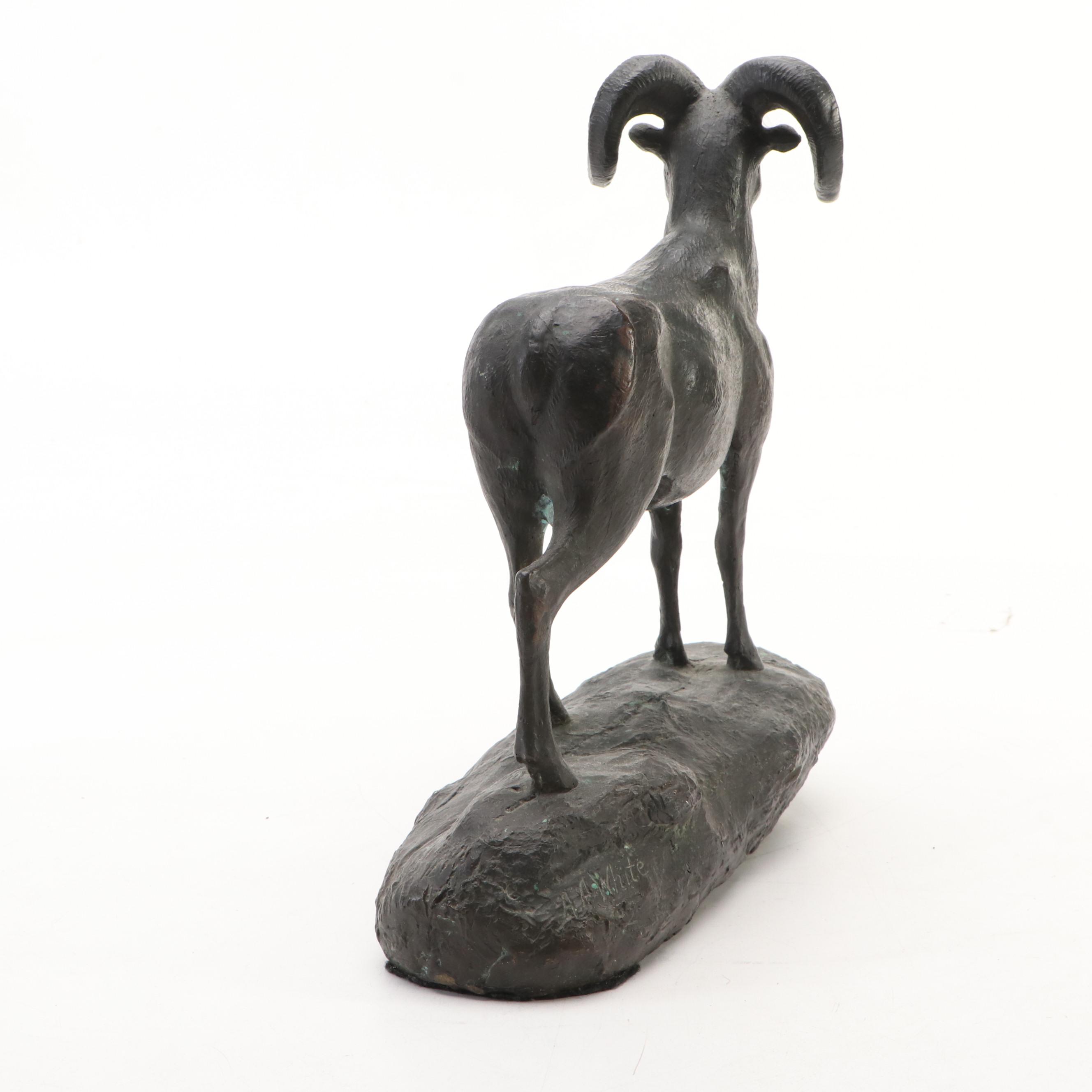 A. A. White Bronzed Metal American Bighorn Ram Figure