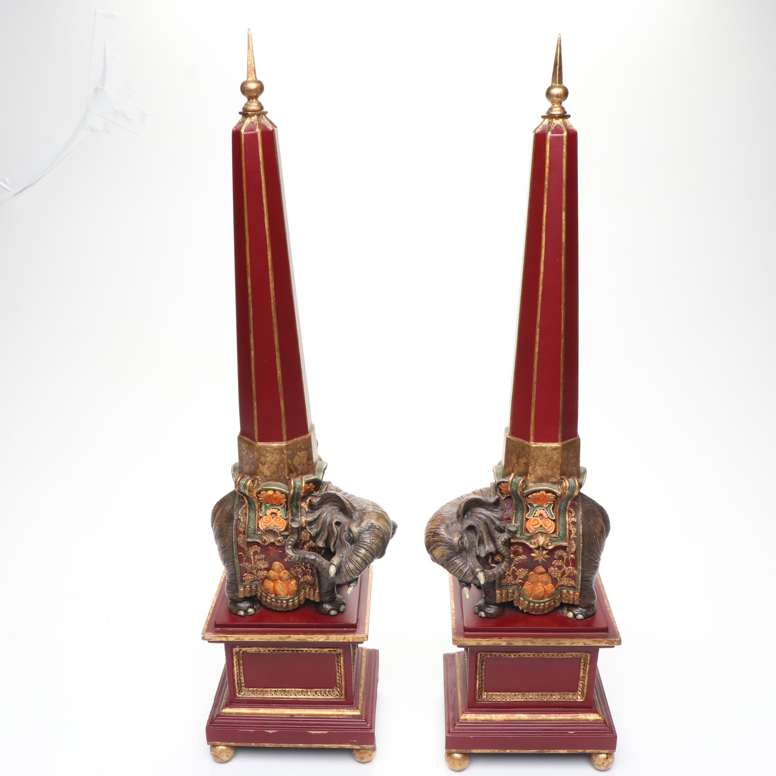 Sarreid Obelisk-Carrying Ornate Elephant Resin Figures on Wood Plinths