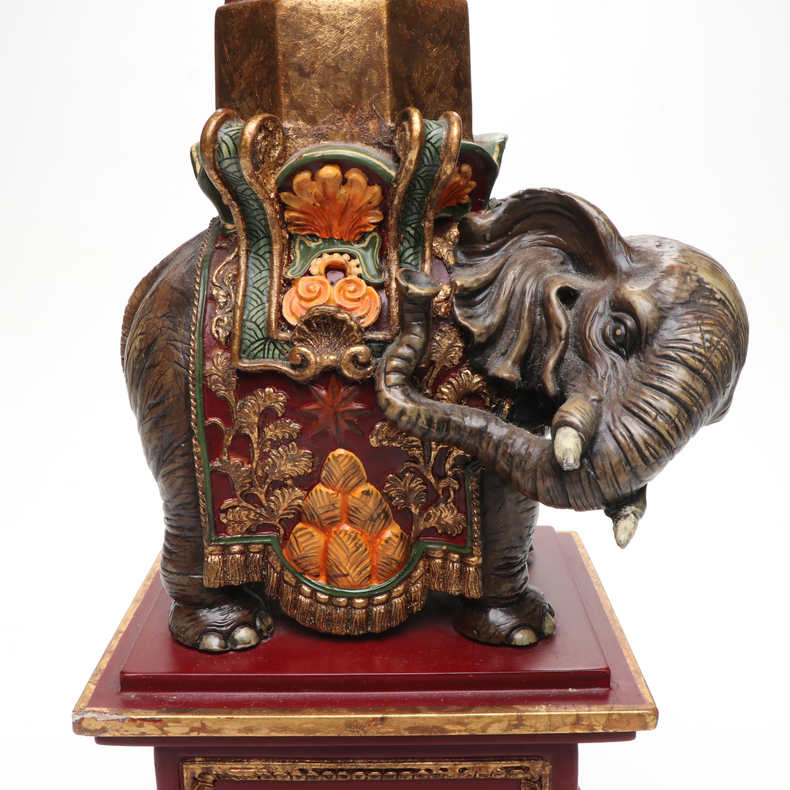 Sarreid Obelisk-Carrying Ornate Elephant Resin Figures on Wood Plinths