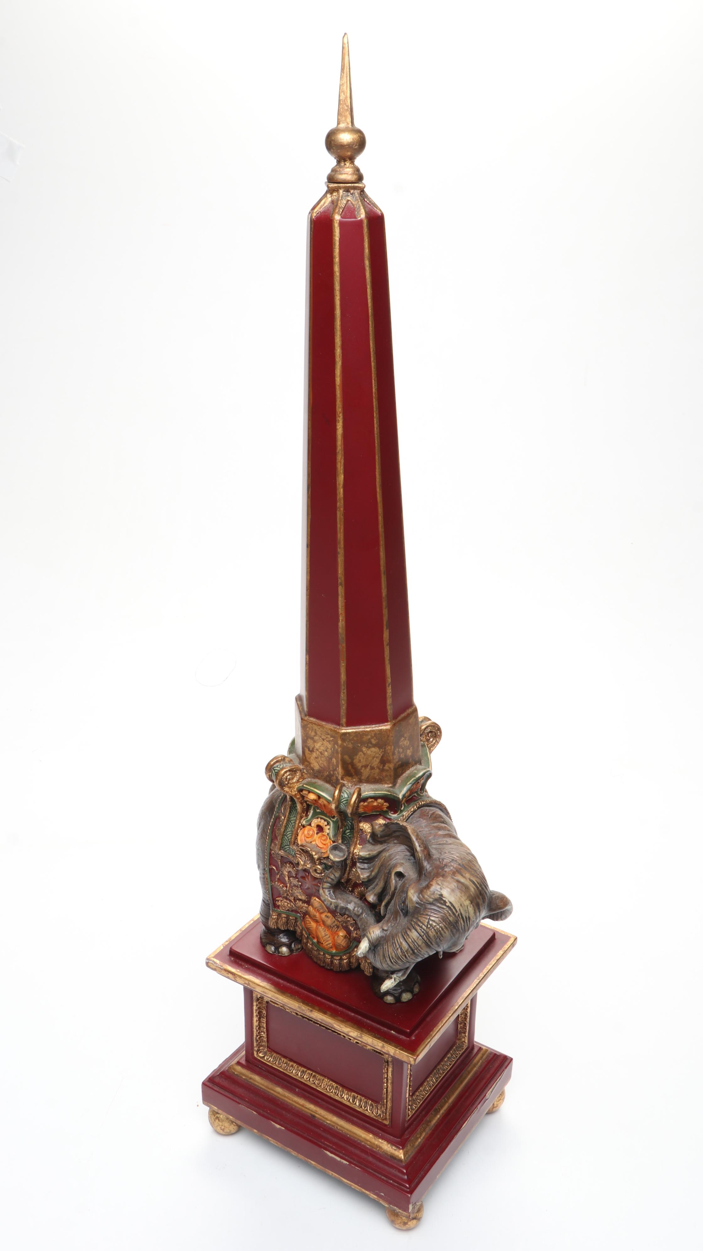 Sarreid Obelisk-Carrying Ornate Elephant Resin Figures on Wood Plinths
