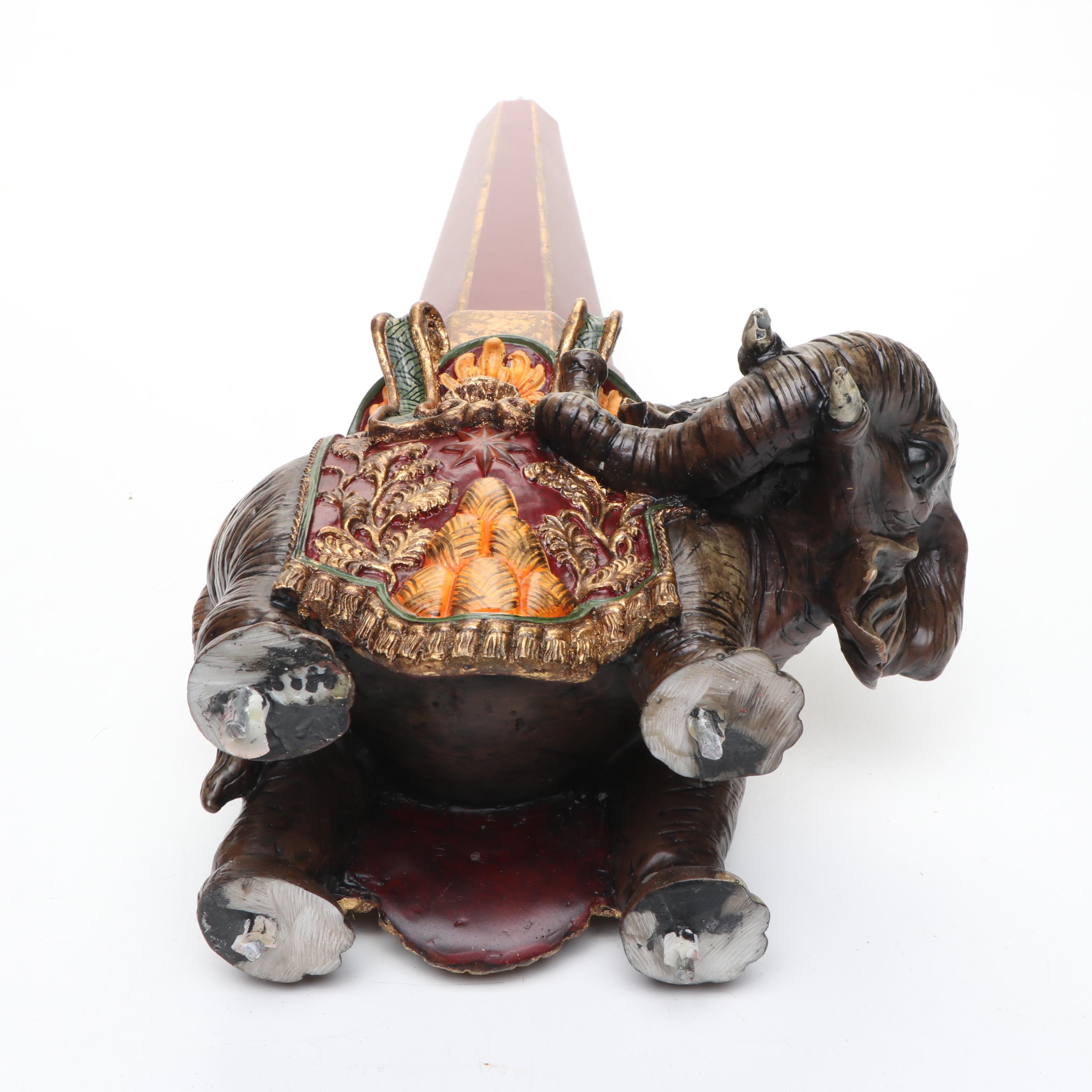 Sarreid Obelisk-Carrying Ornate Elephant Resin Figures on Wood Plinths