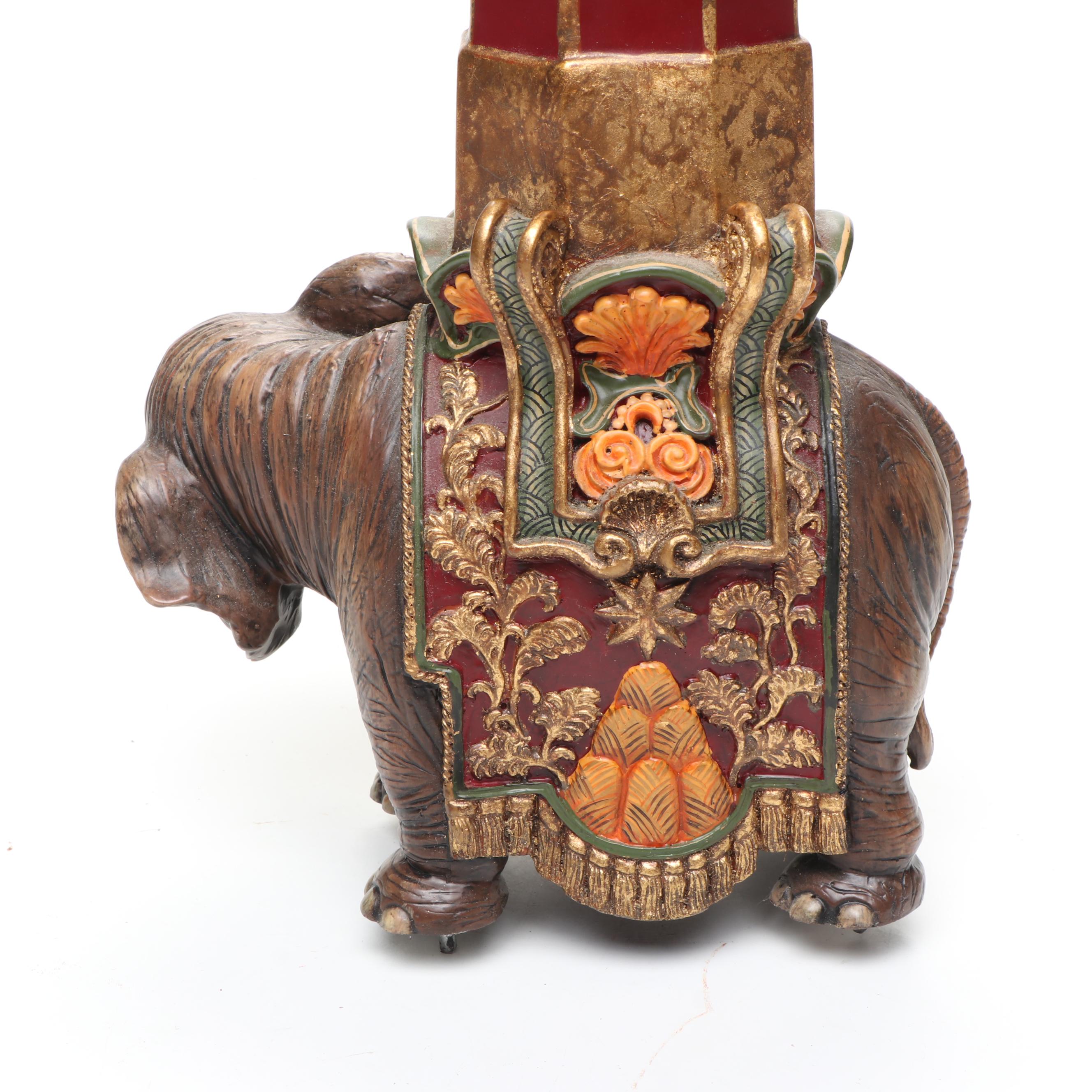 Sarreid Obelisk-Carrying Ornate Elephant Resin Figures on Wood Plinths