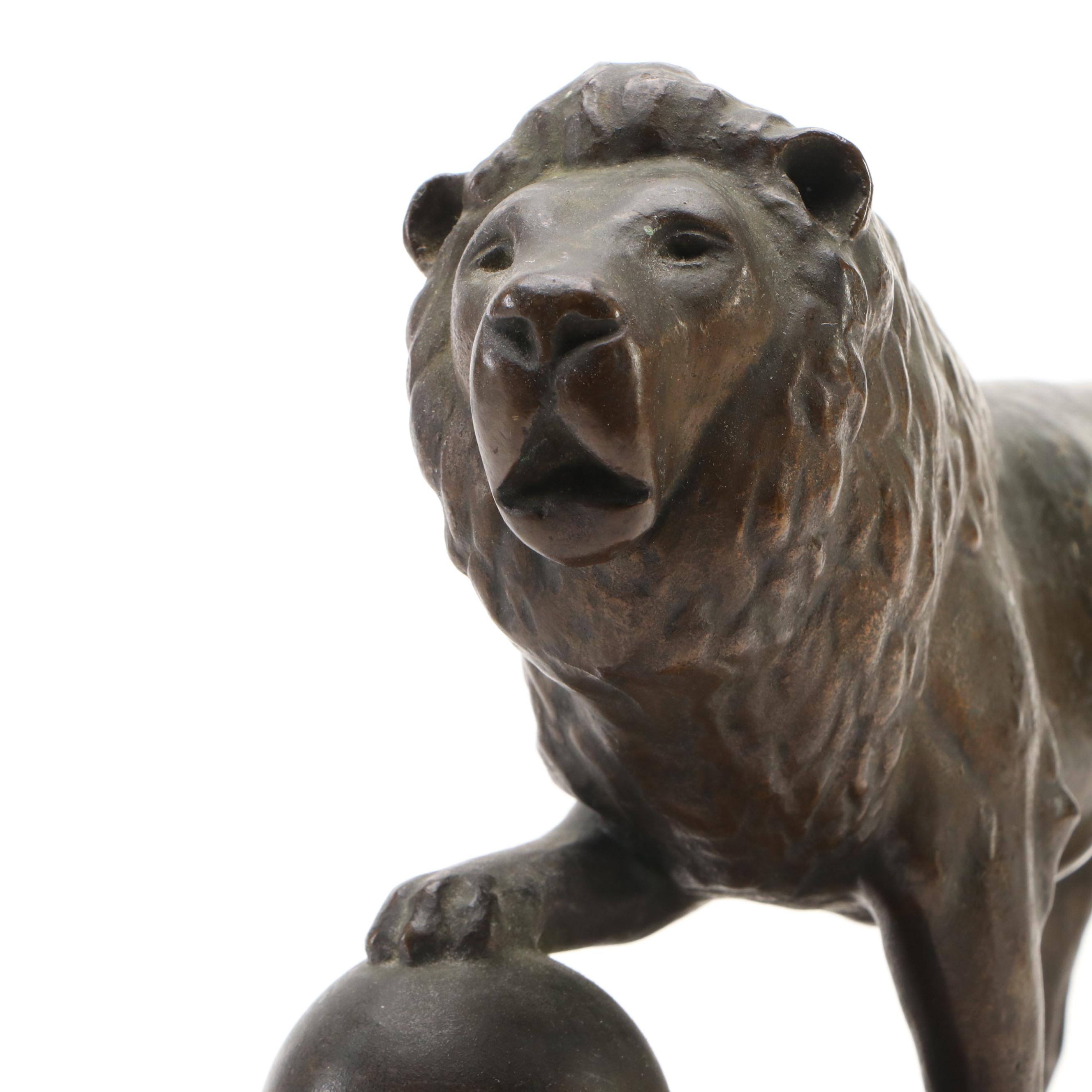 Bronzed Metal Medici Style Lion Sculpture on Stone Base