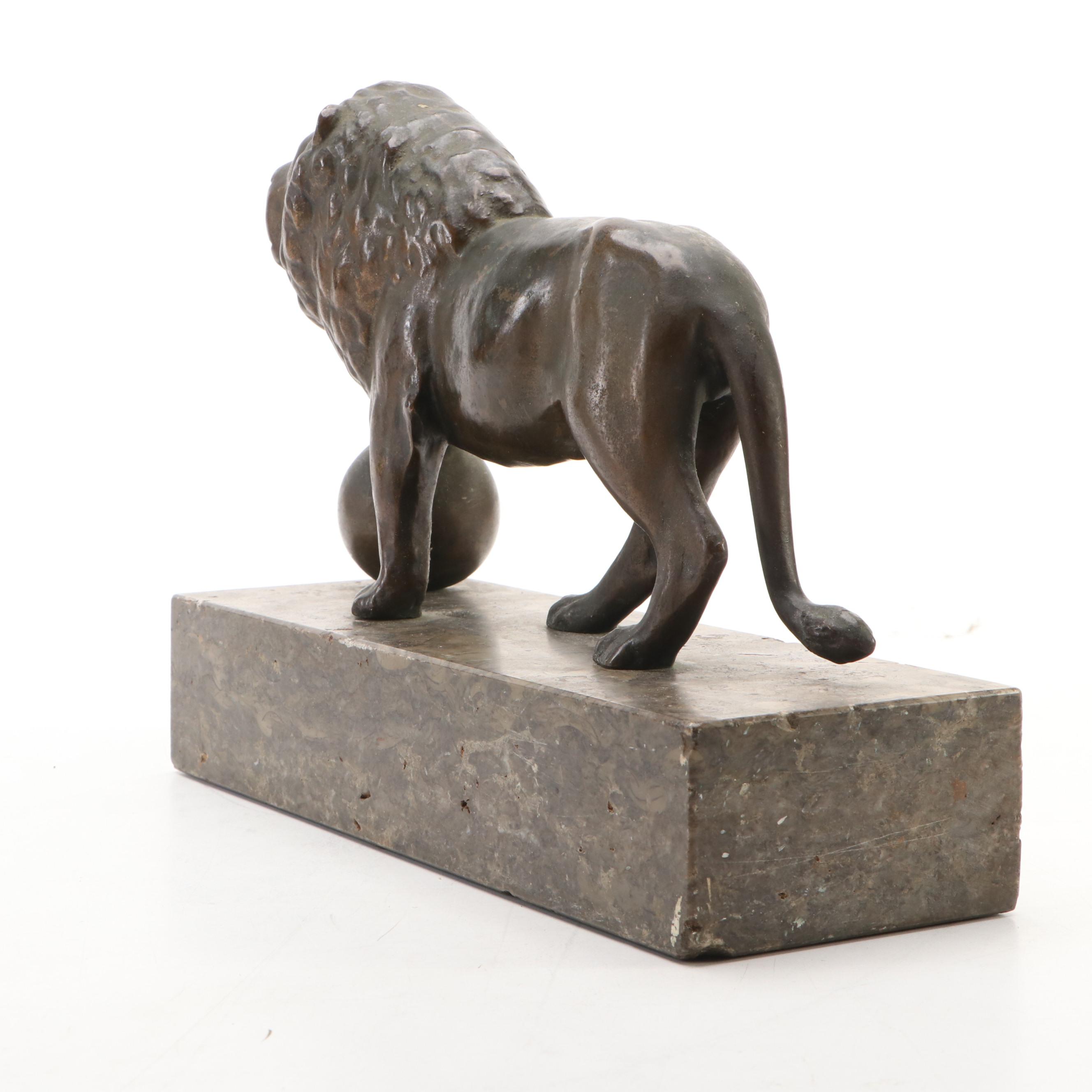 Bronzed Metal Medici Style Lion Sculpture on Stone Base