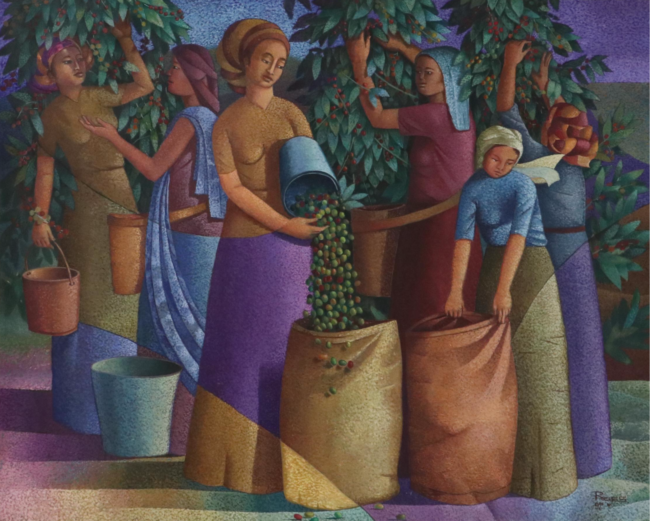 Pointillist-Style Oil Painting of Women Harvesting Olives, 1997