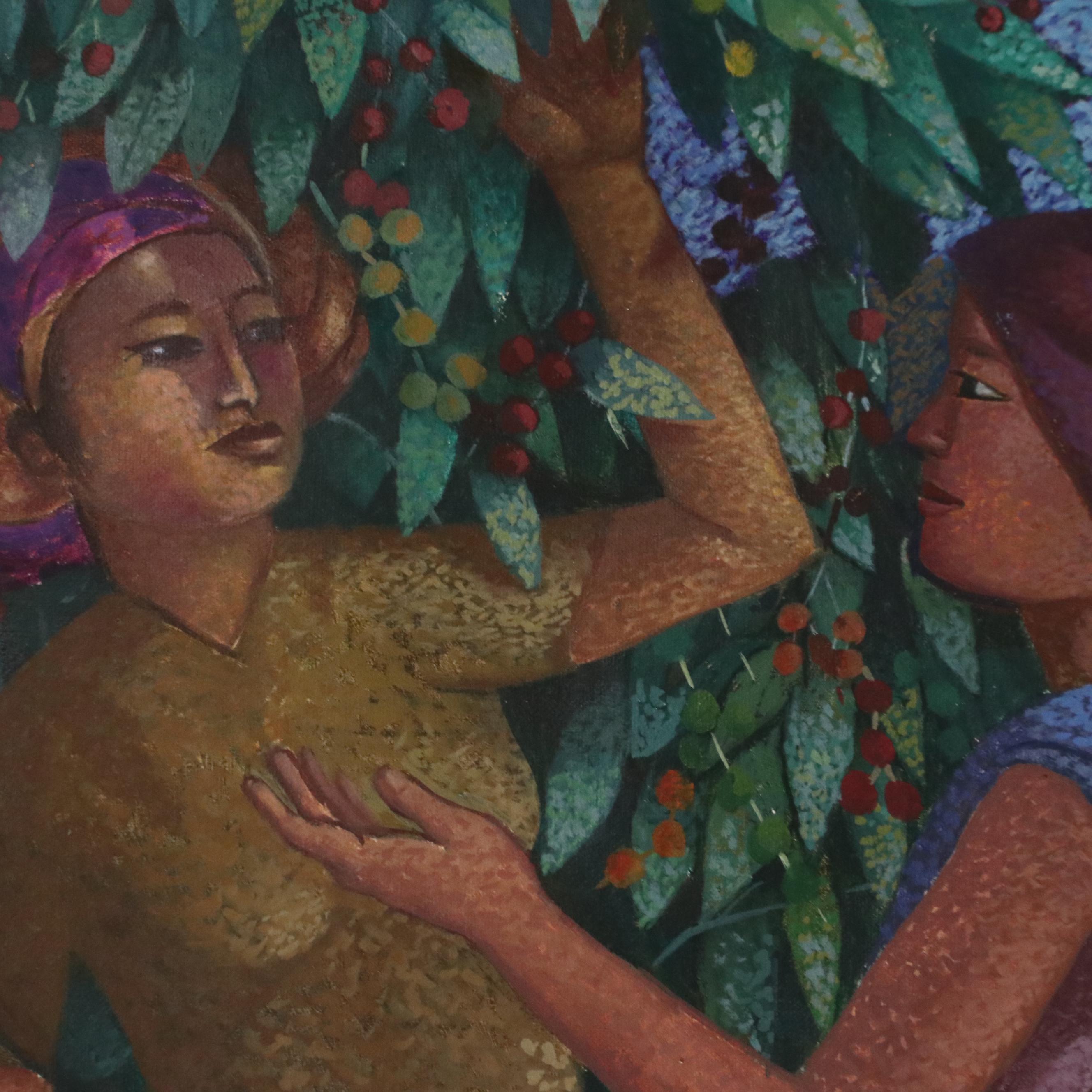 Pointillist-Style Oil Painting of Women Harvesting Olives, 1997