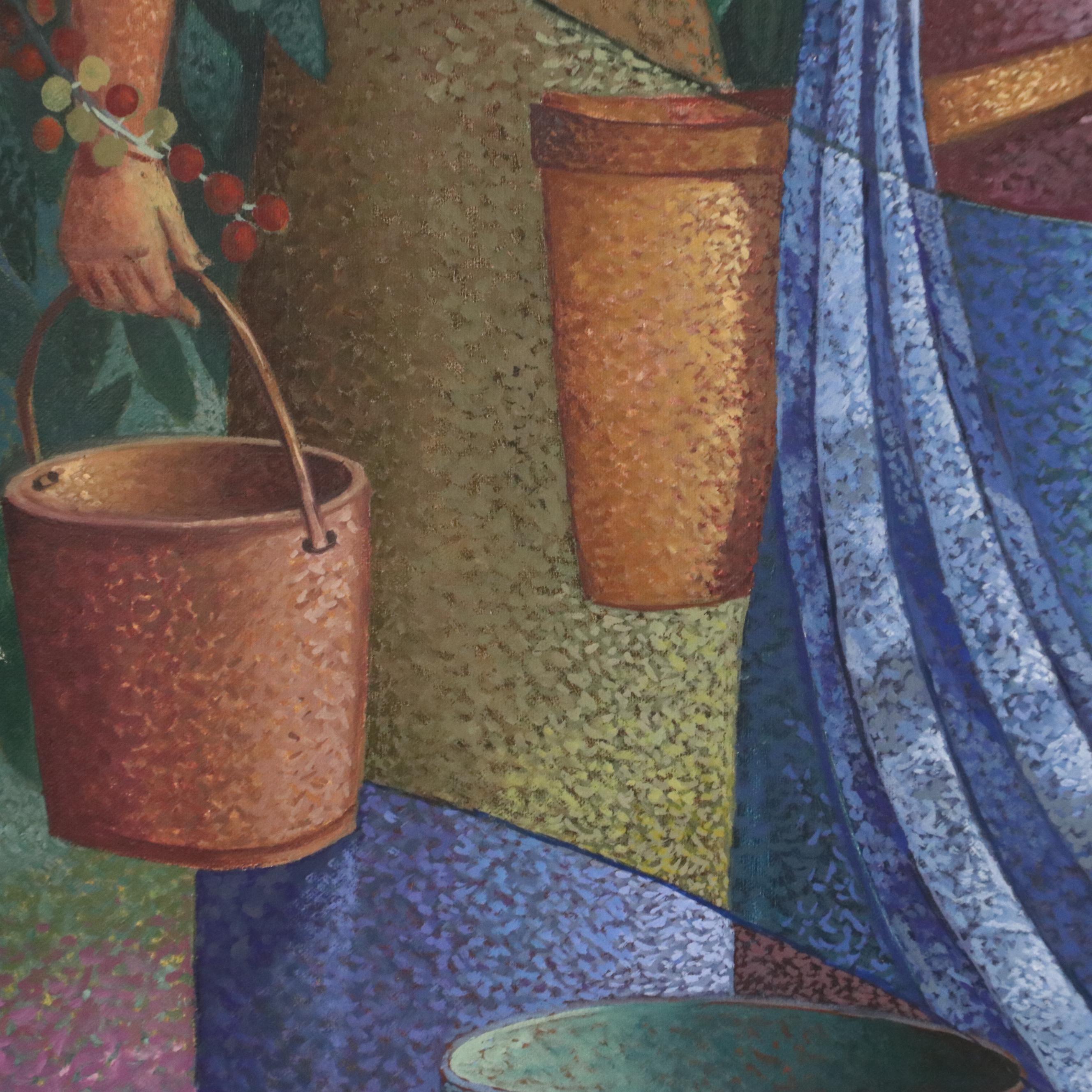 Pointillist-Style Oil Painting of Women Harvesting Olives, 1997