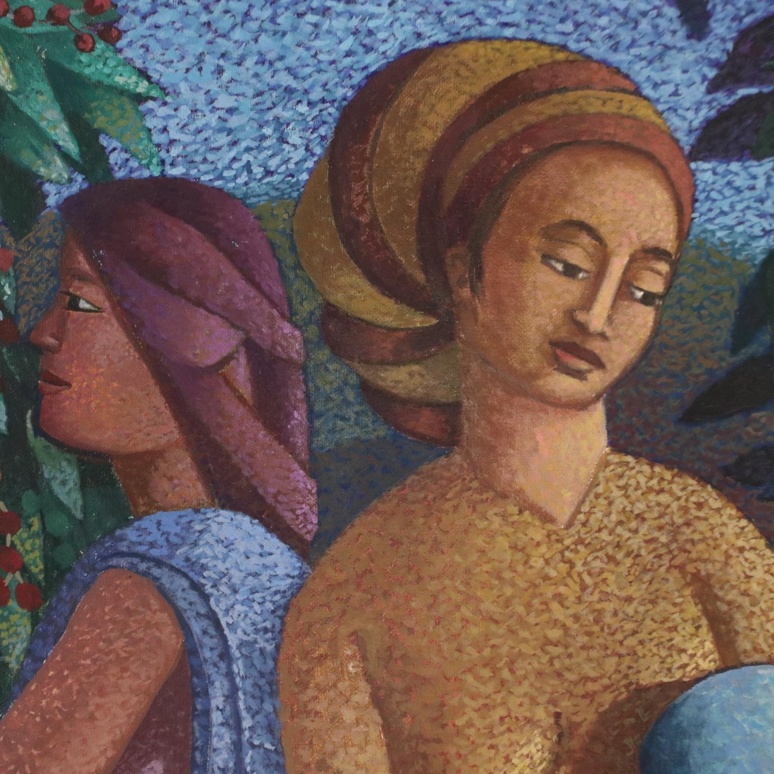 Pointillist-Style Oil Painting of Women Harvesting Olives, 1997