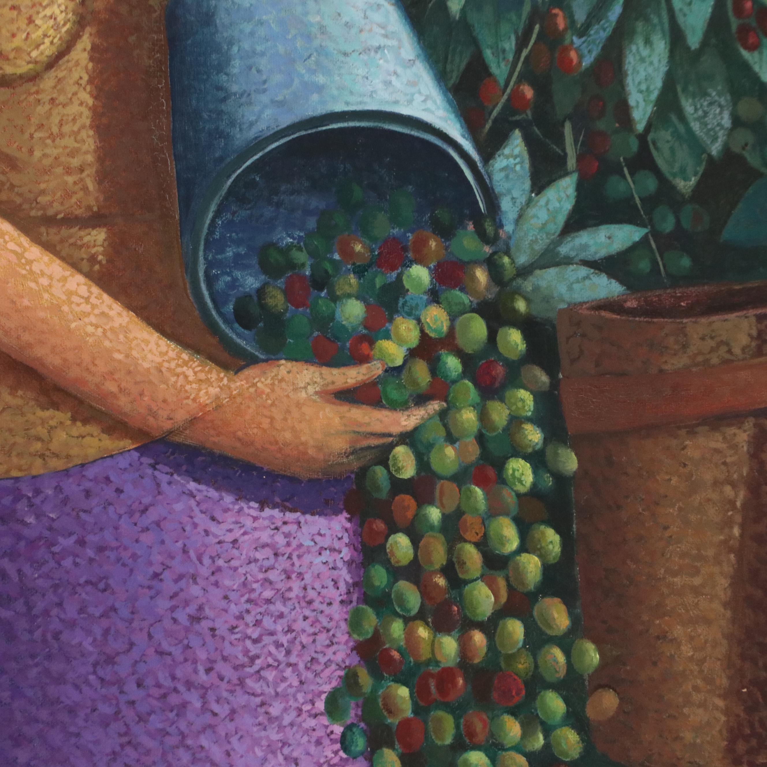 Pointillist-Style Oil Painting of Women Harvesting Olives, 1997
