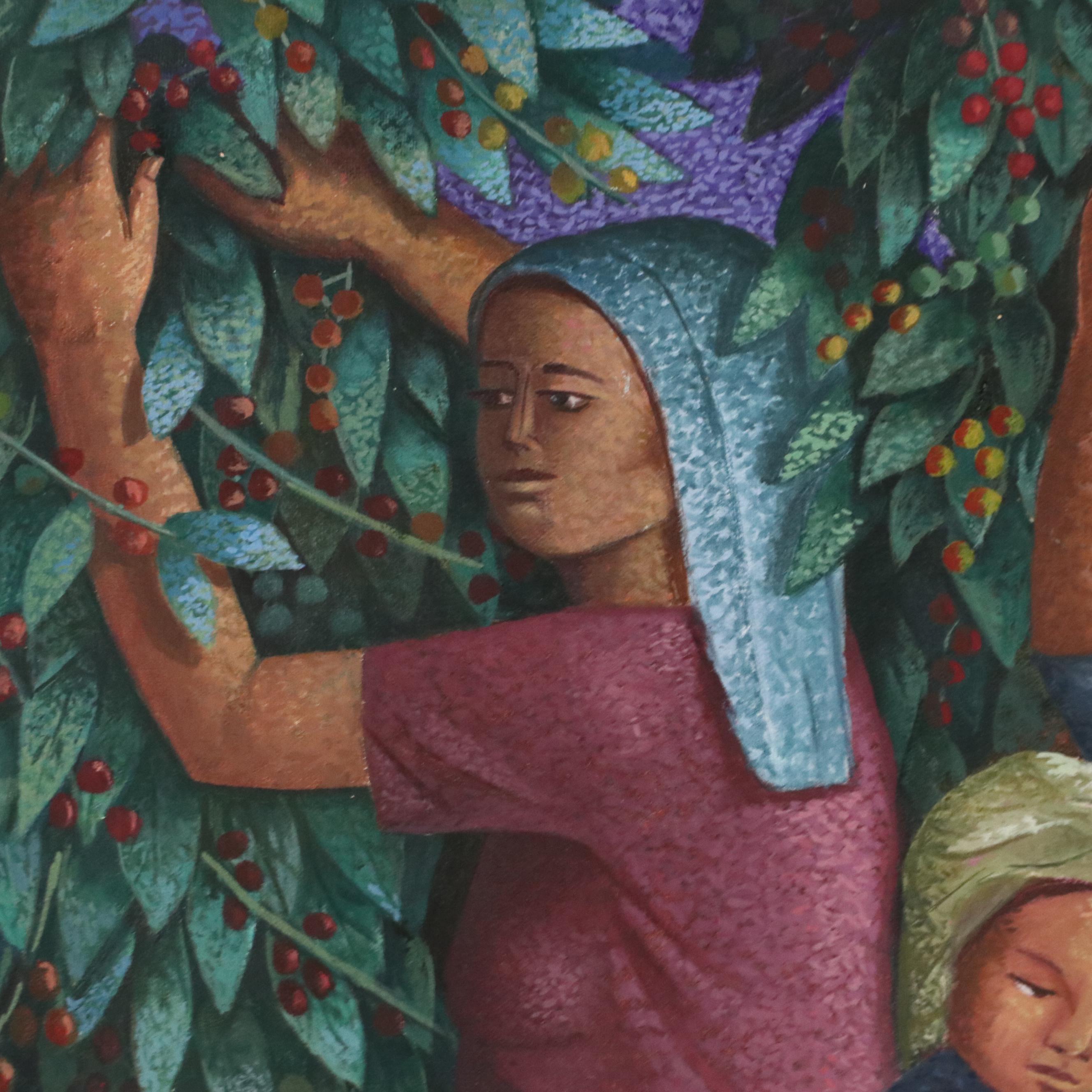 Pointillist-Style Oil Painting of Women Harvesting Olives, 1997