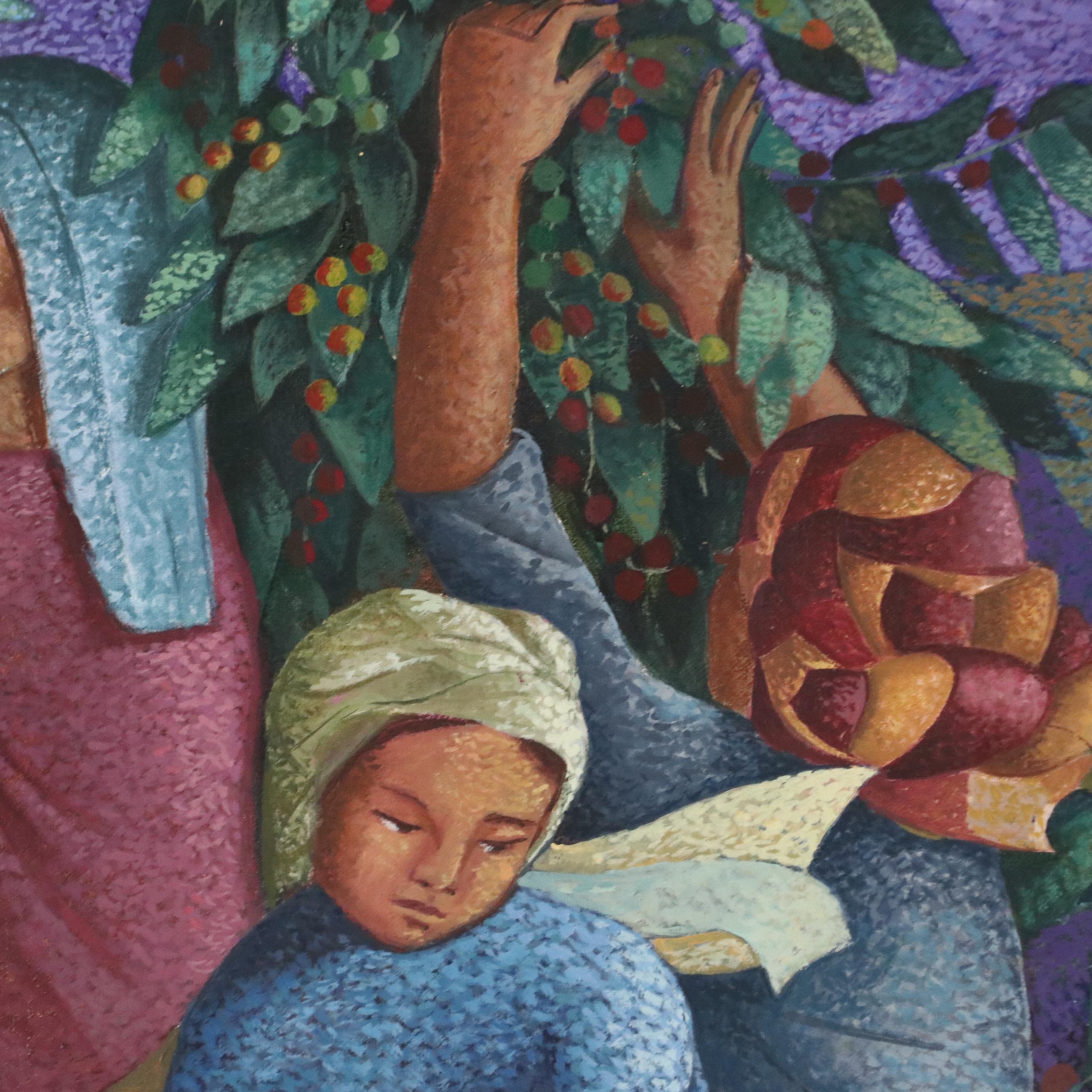 Pointillist-Style Oil Painting of Women Harvesting Olives, 1997