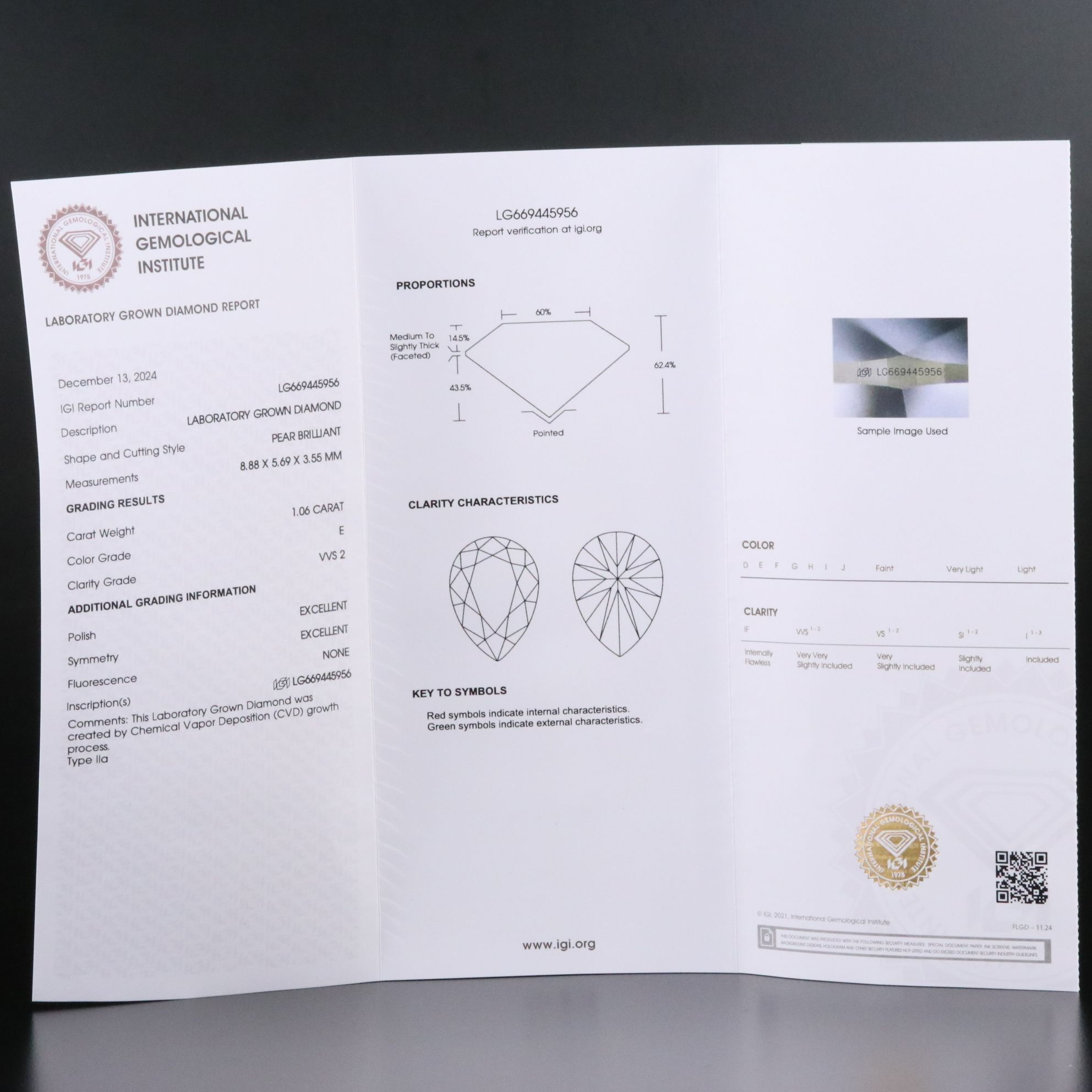 Loose 1.06 CT Lab Grown Diamond with IGI Report