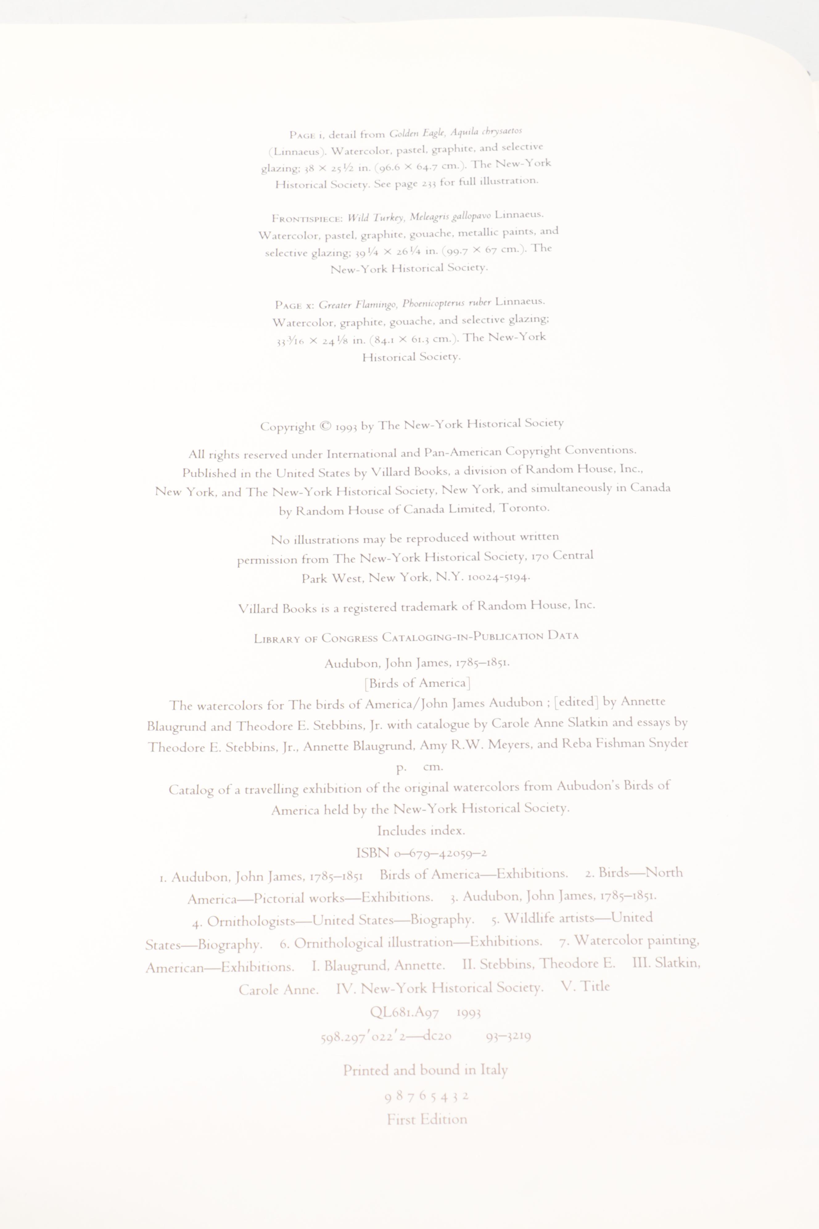 First Printing "John James Audubon: Watercolors for The Birds of America," 1993