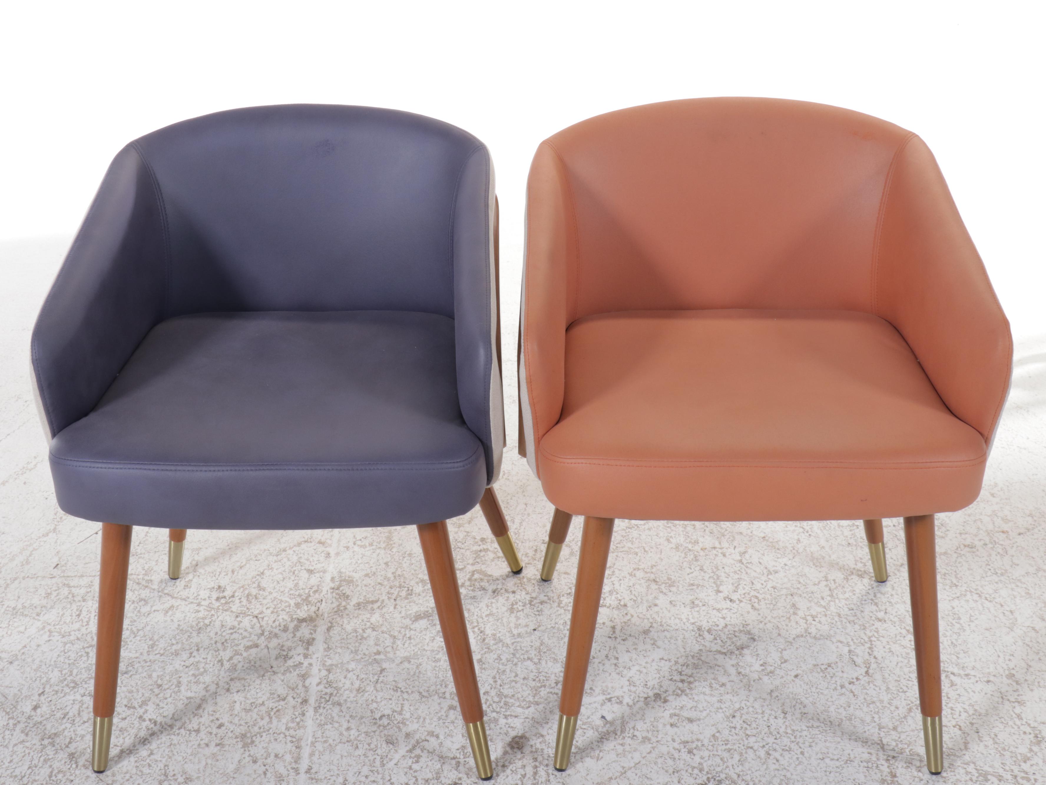 Two Mid Century Modern Style Armchairs with Walnut Paneled Sides, 21st Century