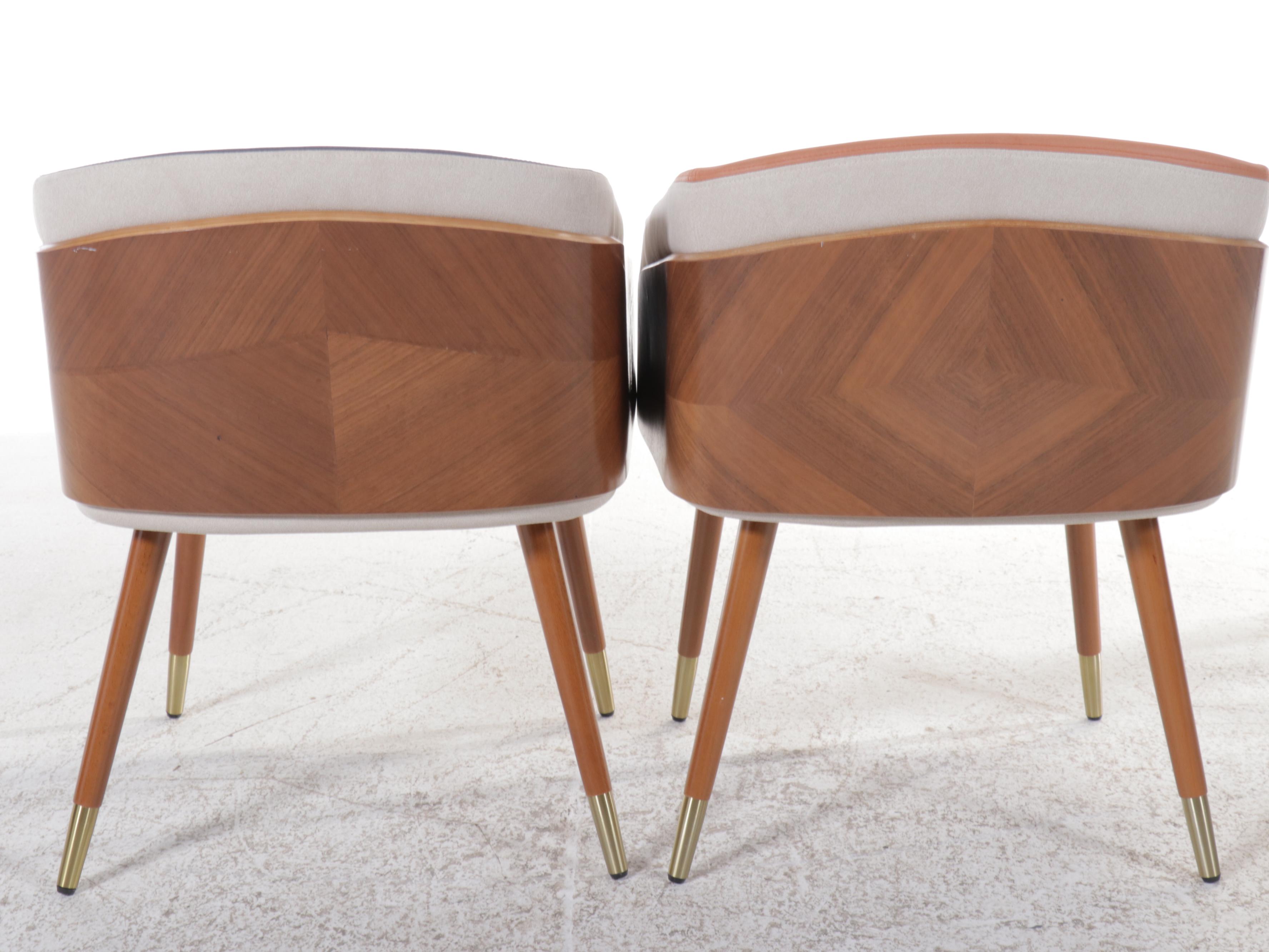 Two Mid Century Modern Style Armchairs with Walnut Paneled Sides, 21st Century