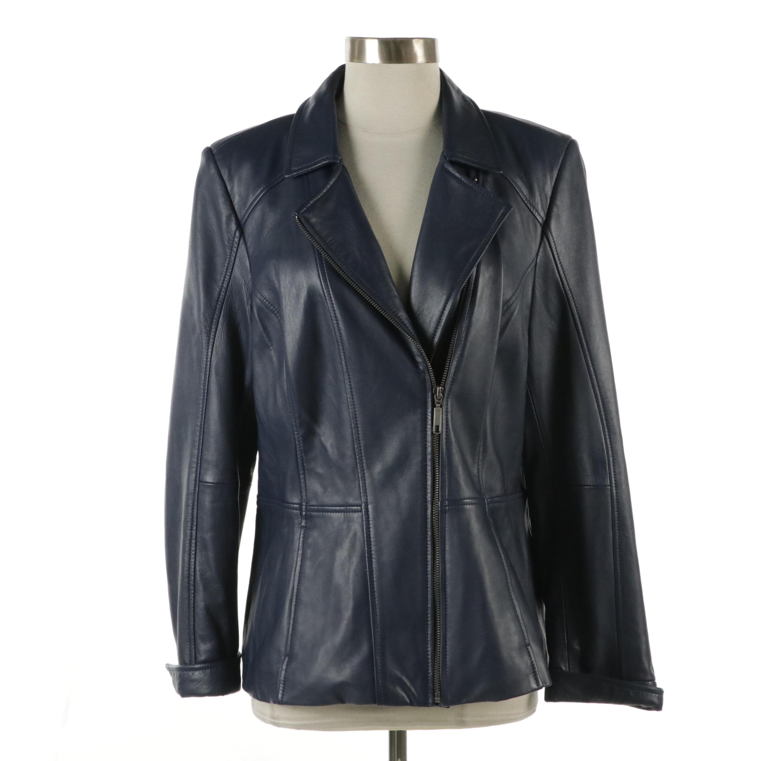 Denim & Co. Navy Blue Leather Moto Jacket